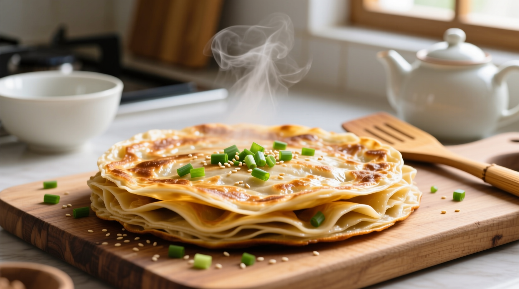 Freshly made Chinese scallion pancakes with golden layers