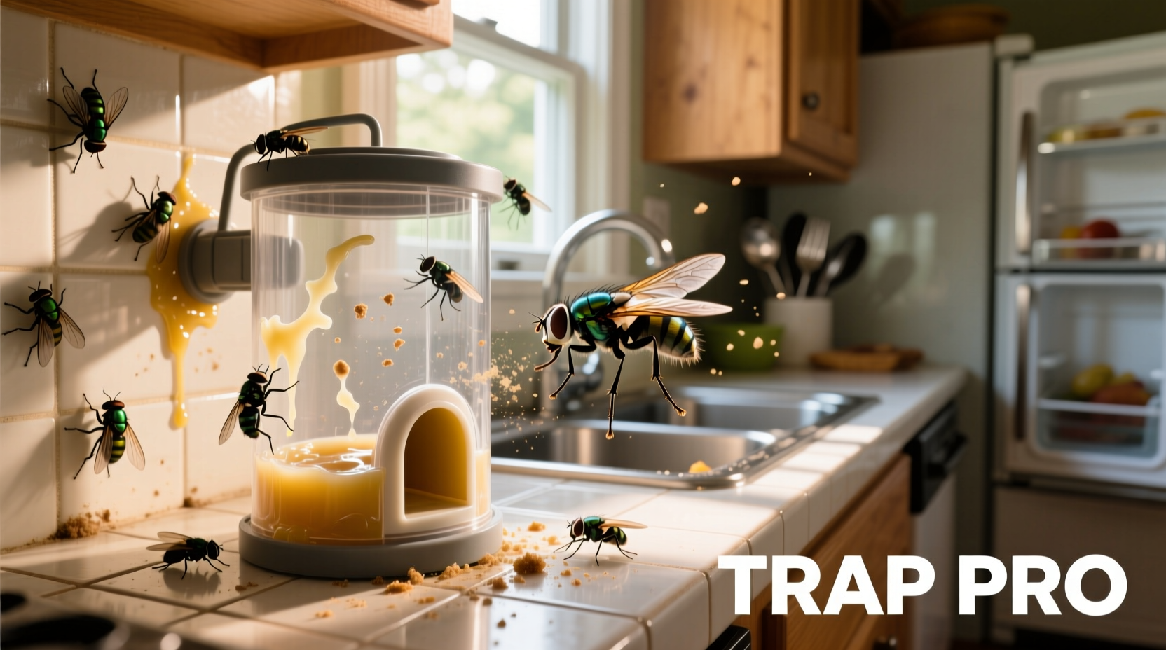 Effective fly trap catching houseflies in kitchen environment