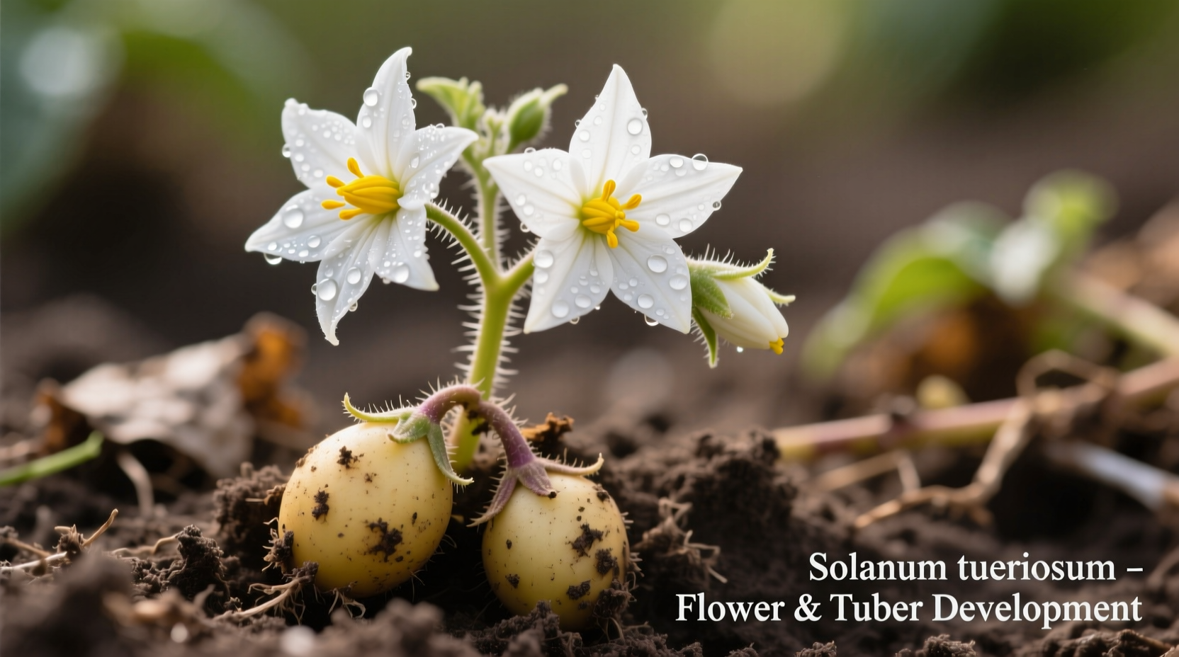 Close-up view of Solanum tuberosum plant showing flowers and developing tubers