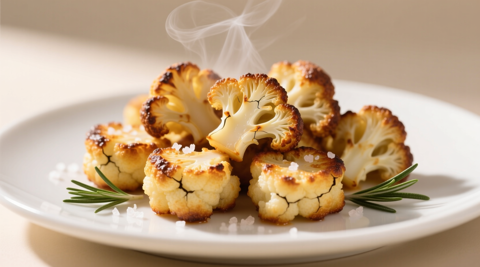 Golden brown baked cauliflower bites on white plate