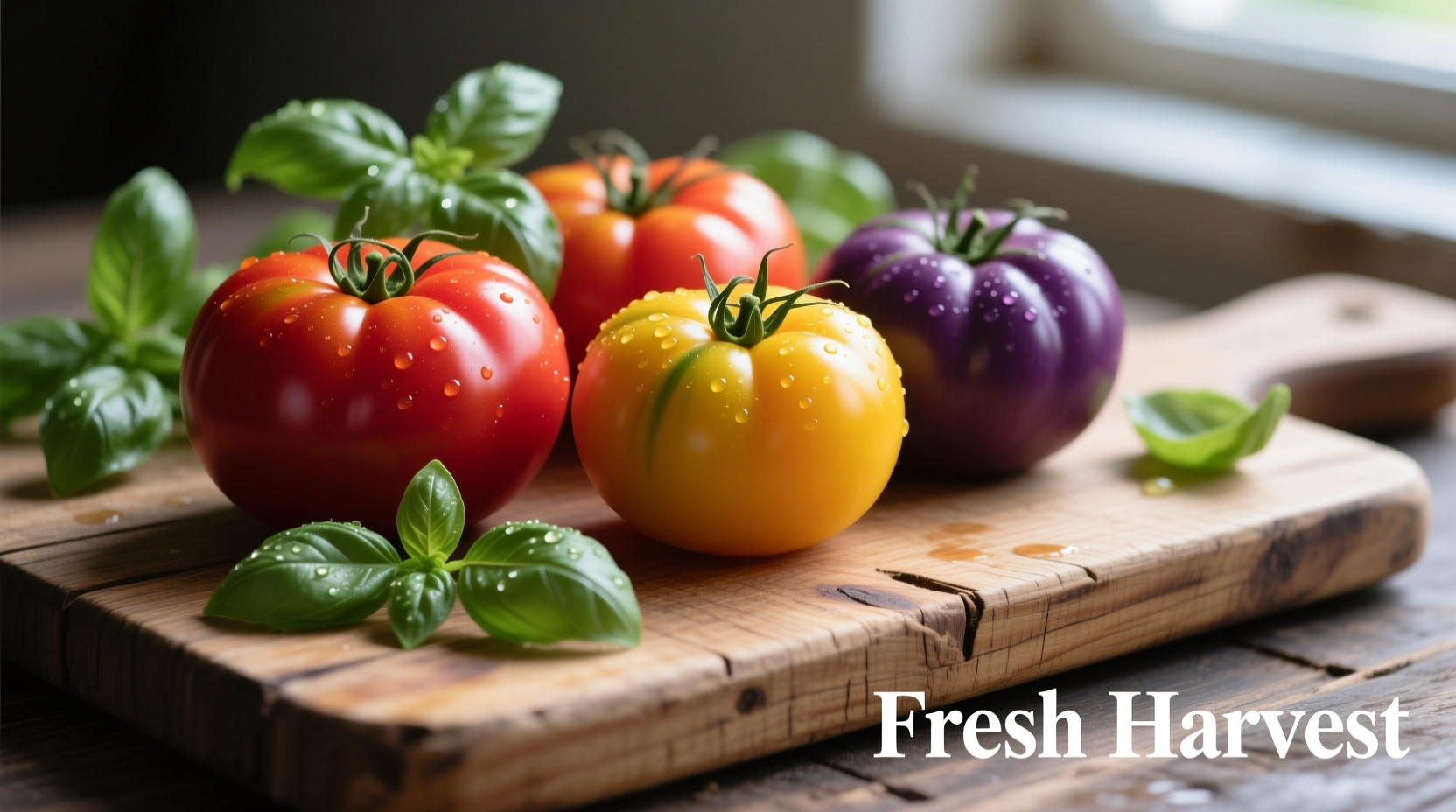 Ripe heirloom tomatoes with basil on wooden cutting board