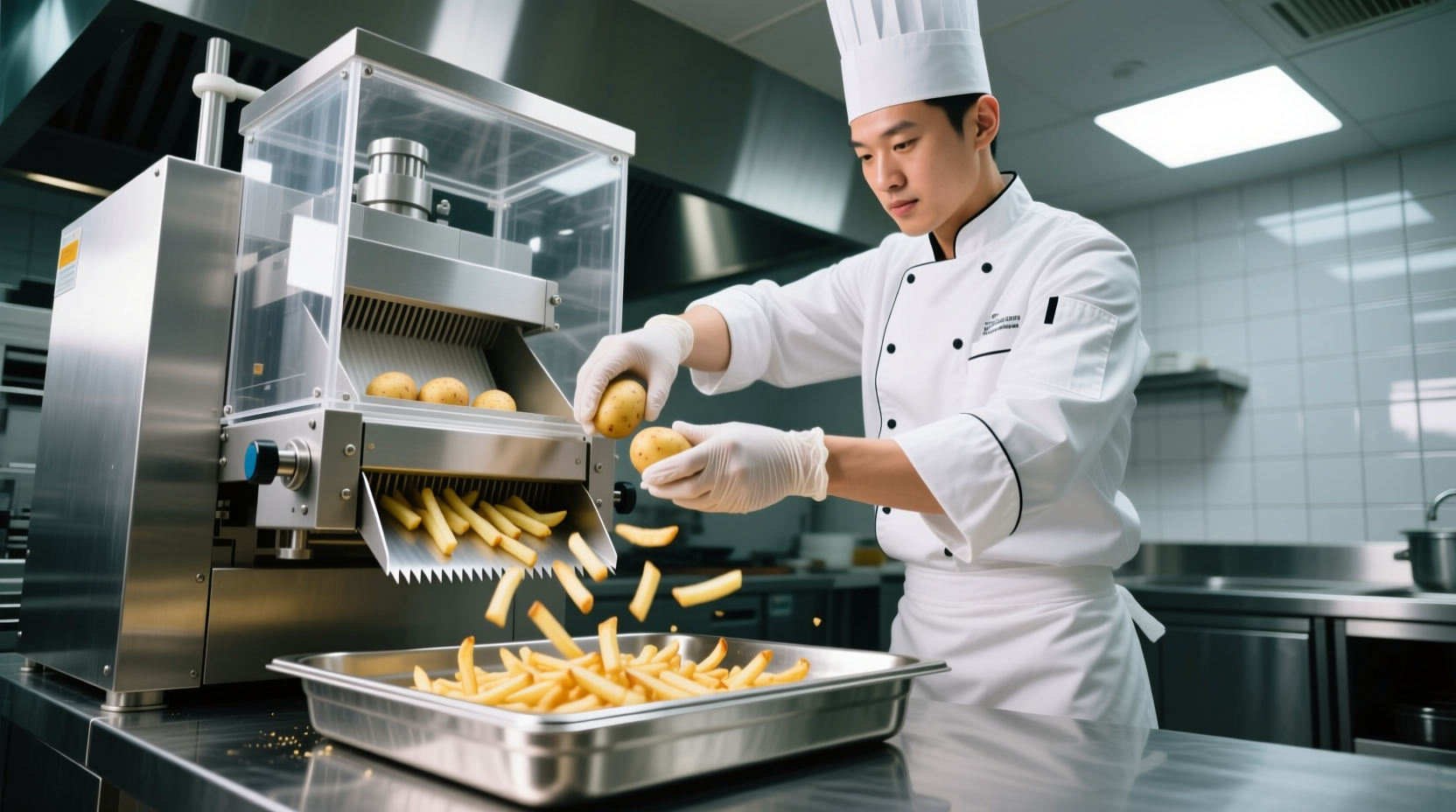 Professional chef using potato cutting machine with safety guard