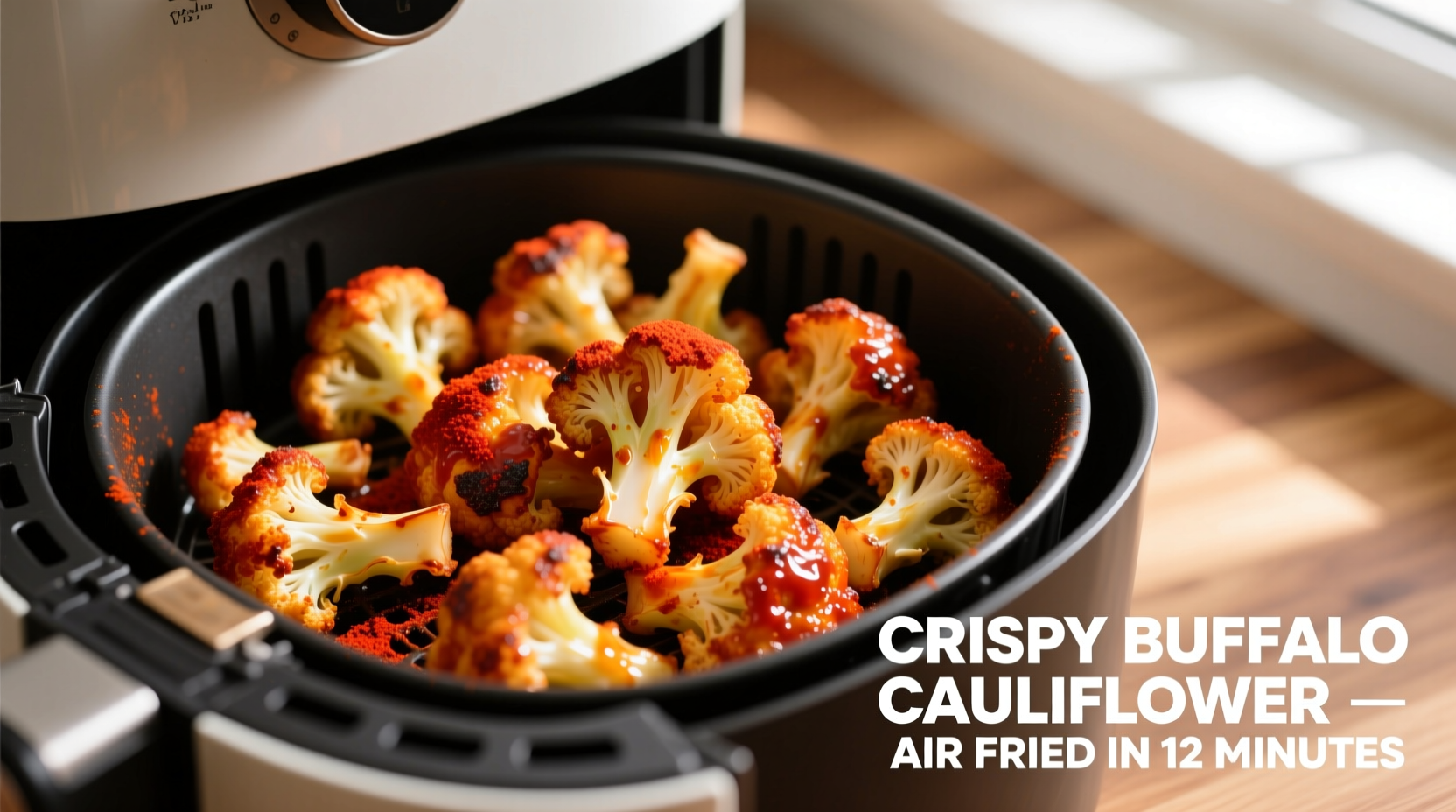 Crispy golden buffalo cauliflower in air fryer basket