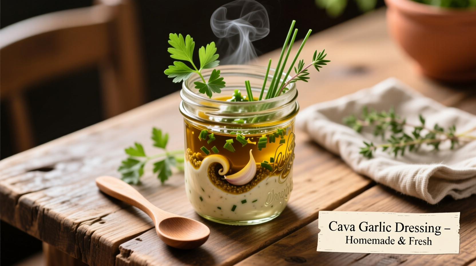 Homemade Cava garlic dressing in mason jar with herbs