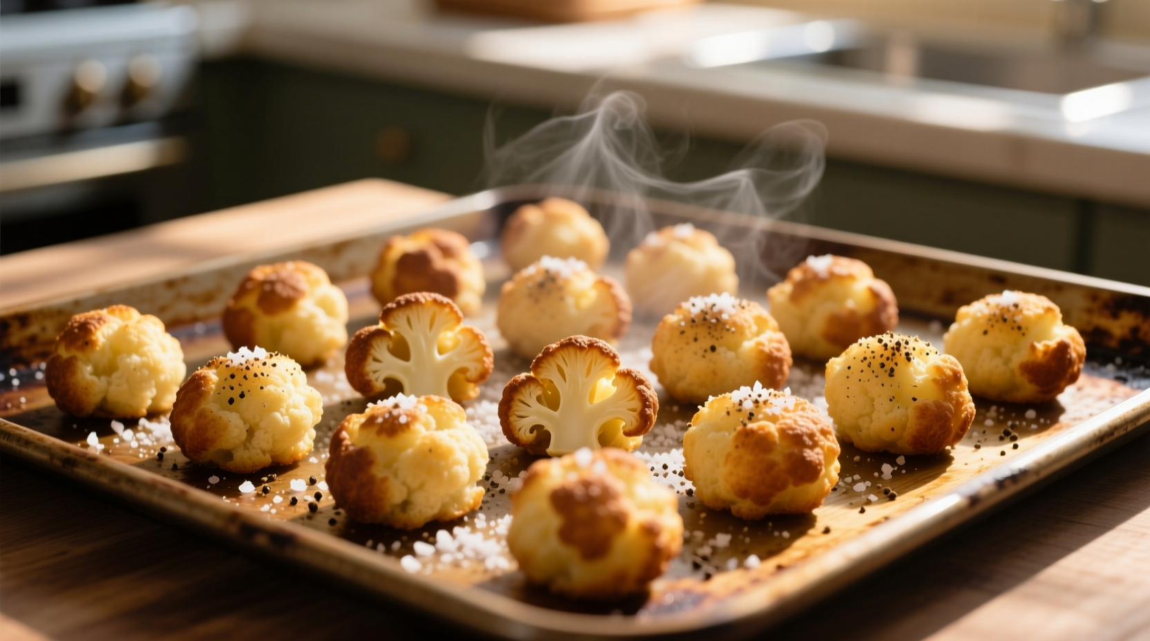 Golden brown cauliflower tots on baking sheet