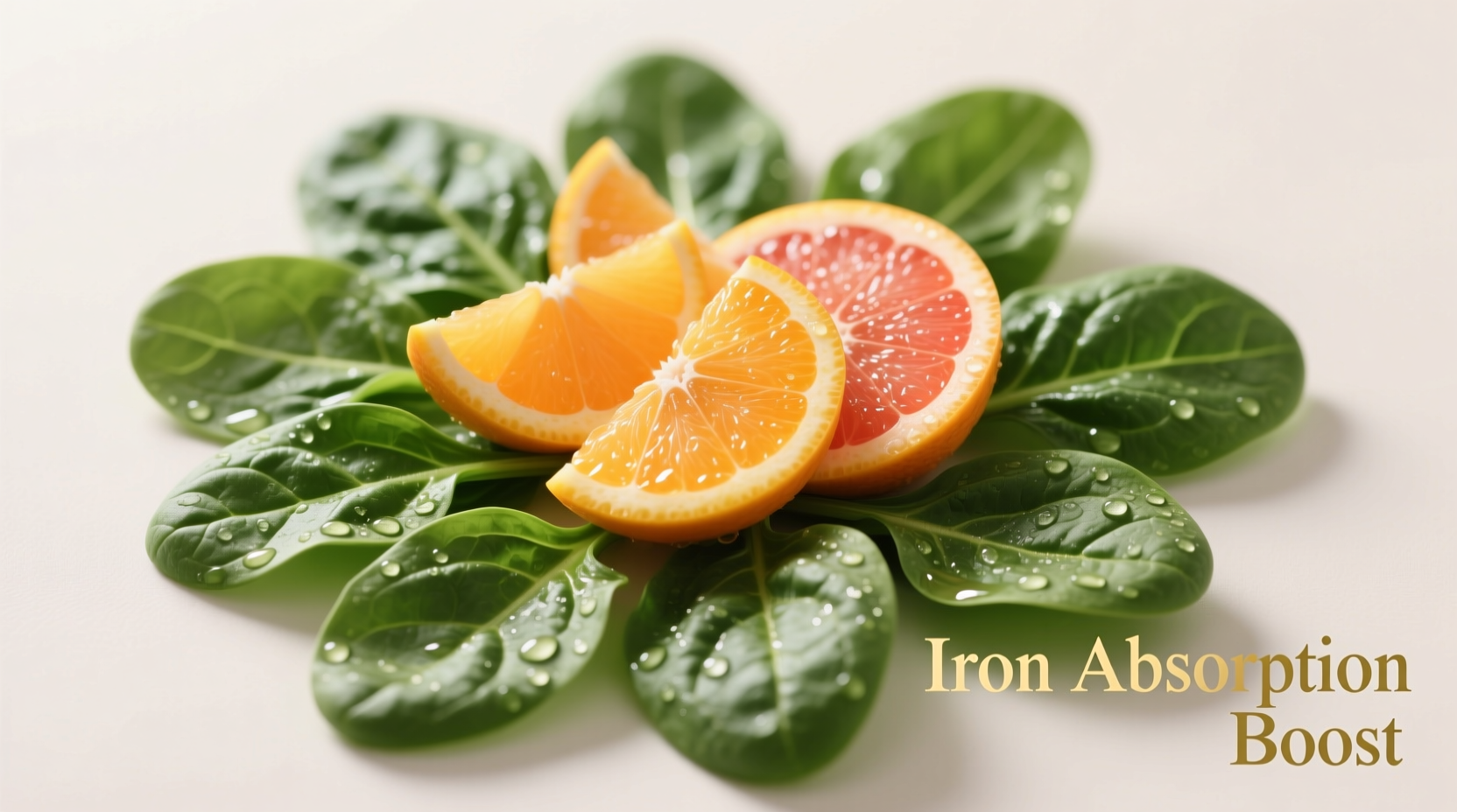 Spinach leaves with citrus slices for iron absorption