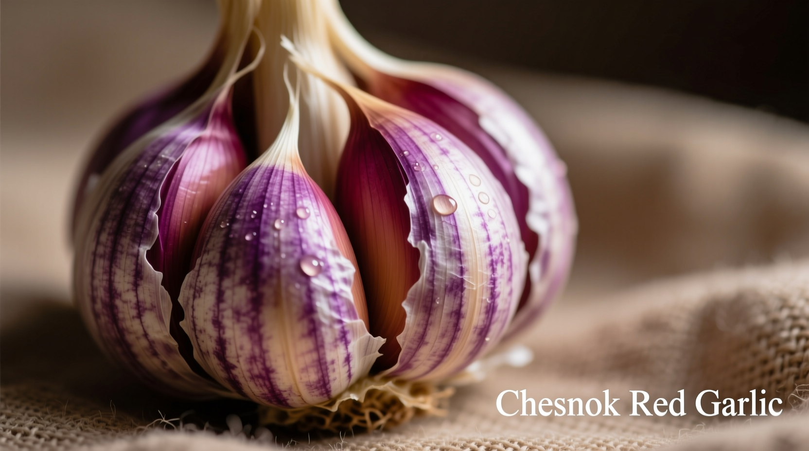 Chesnok Red garlic bulbs showing purple striping and large cloves