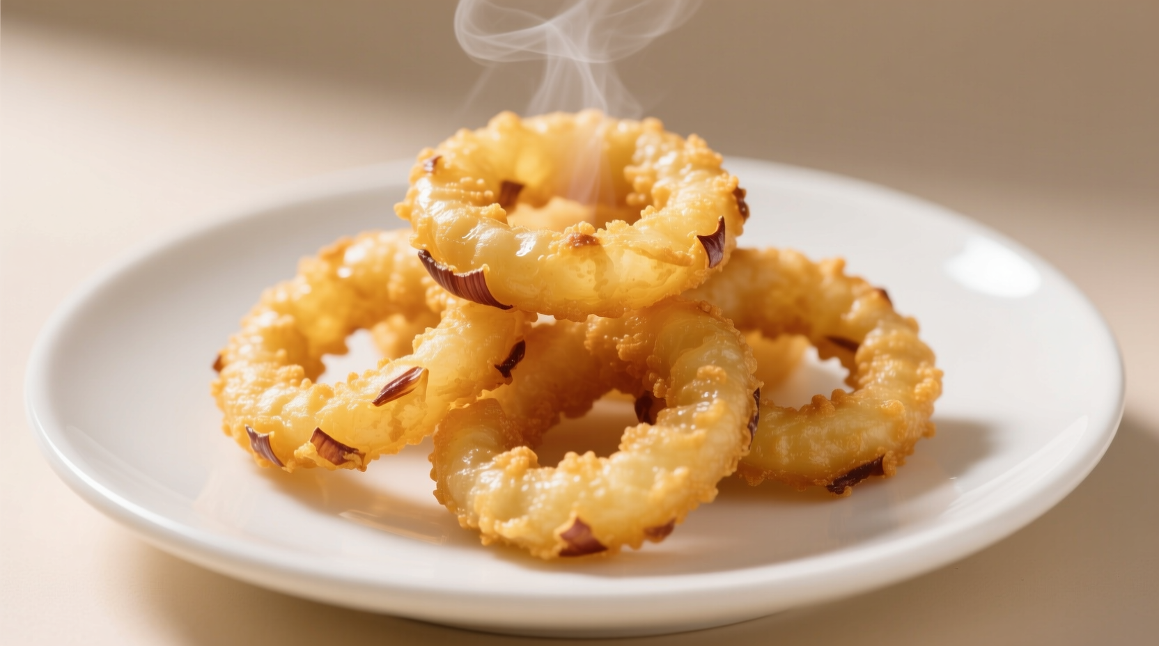 Golden air fried onion rings on white plate