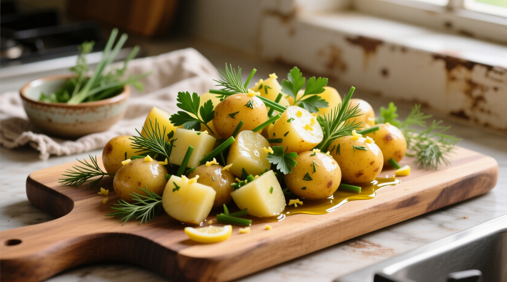 Freshly prepared herbed potato salad with visible herbs