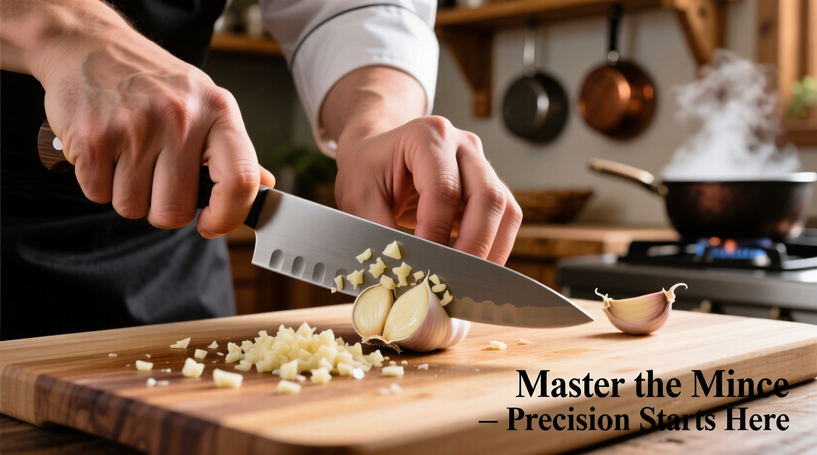Chef's hand demonstrating proper garlic mincing technique
