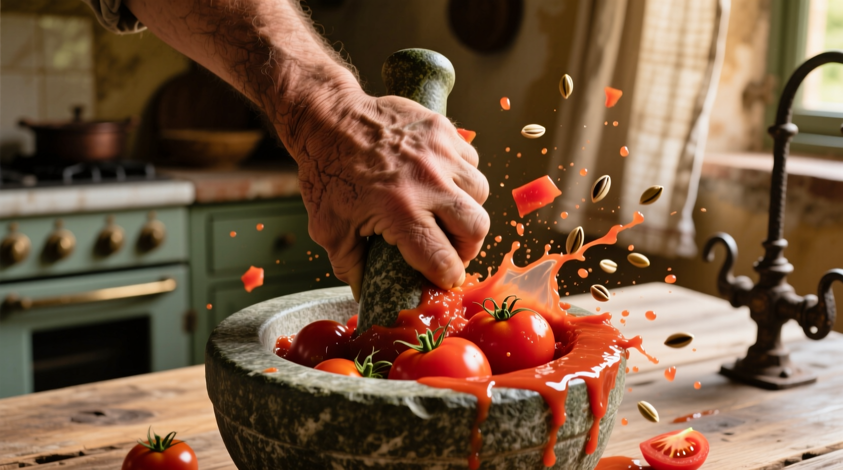 Hand crushing San Marzano tomatoes for sauce