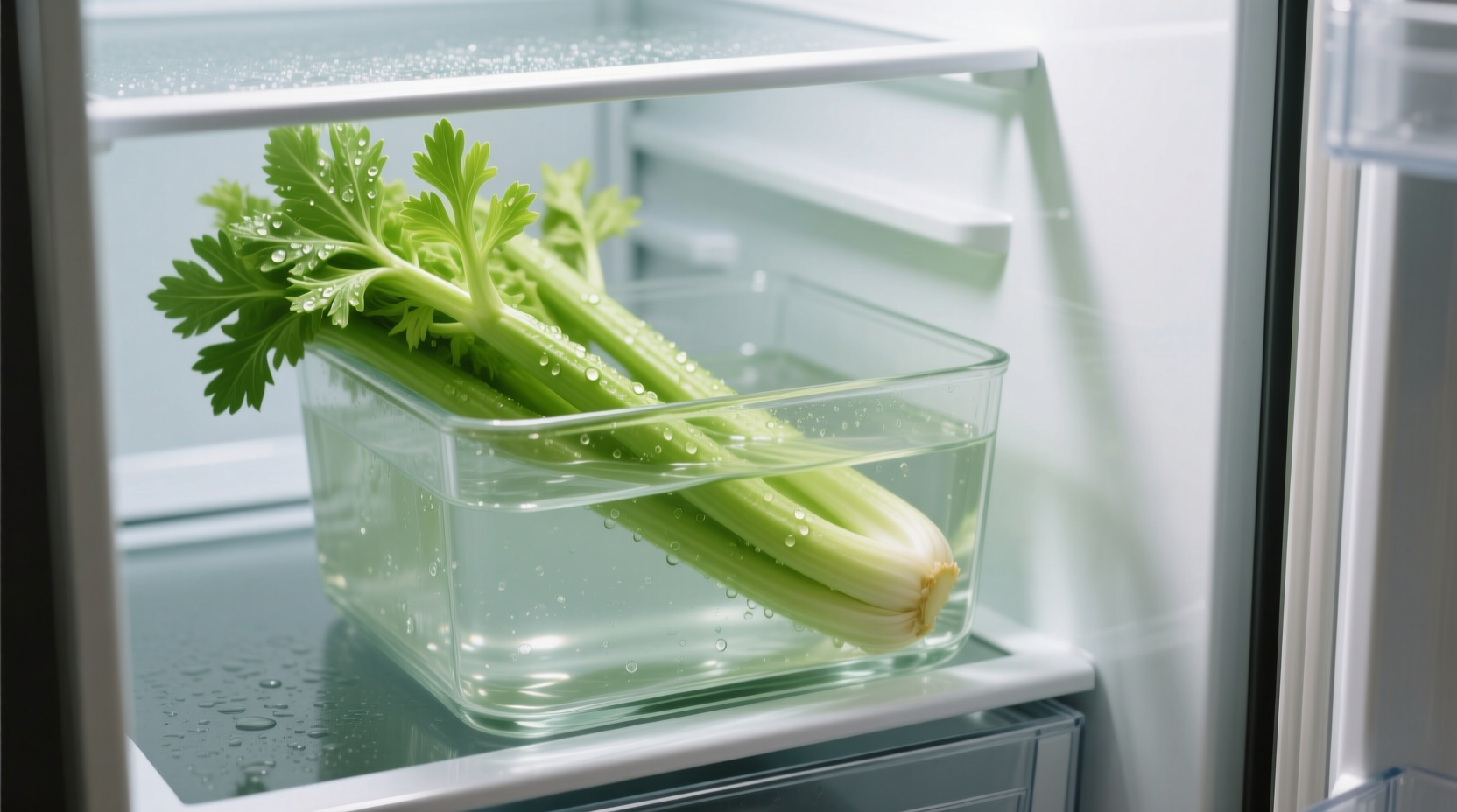 Fresh celery stored in water-filled container in refrigerator