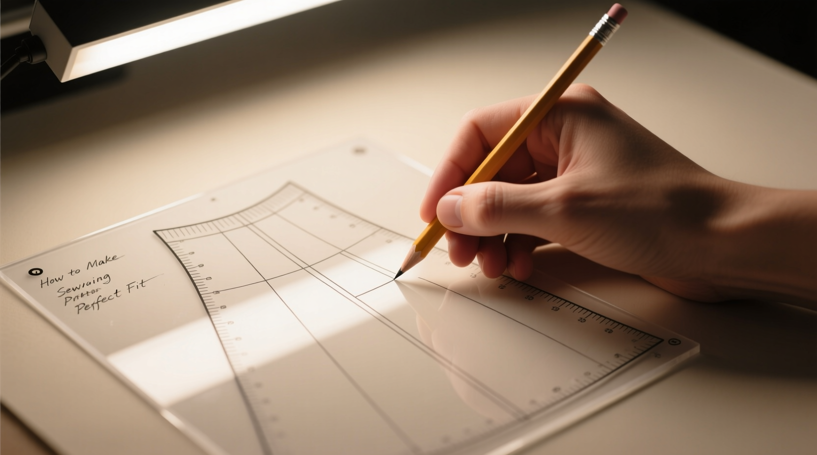 Hand tracing a skirt pattern onto translucent plastic template using a light box, with measurement notes visible