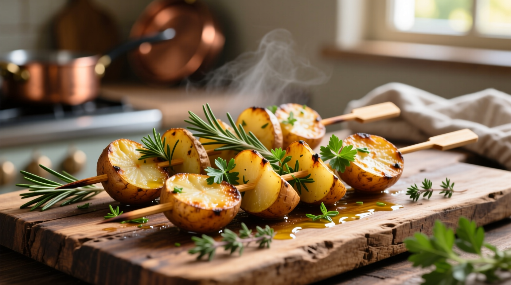 Golden brown potato wedges on wooden skewers with herbs