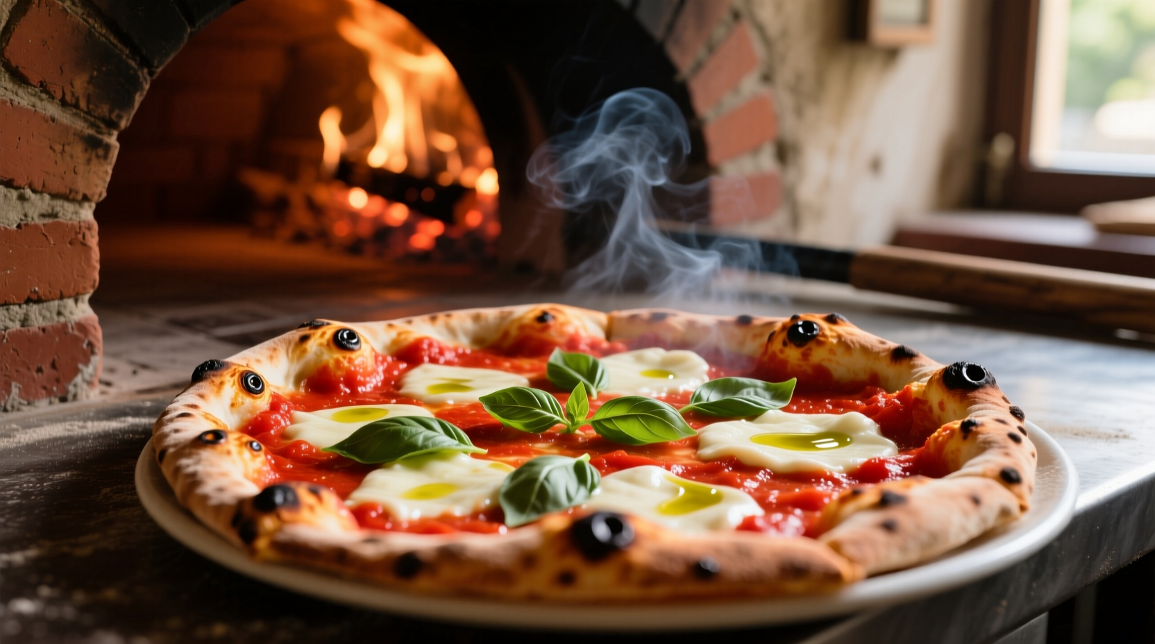 Traditional Neapolitan red tomato pizza in wood-fired oven