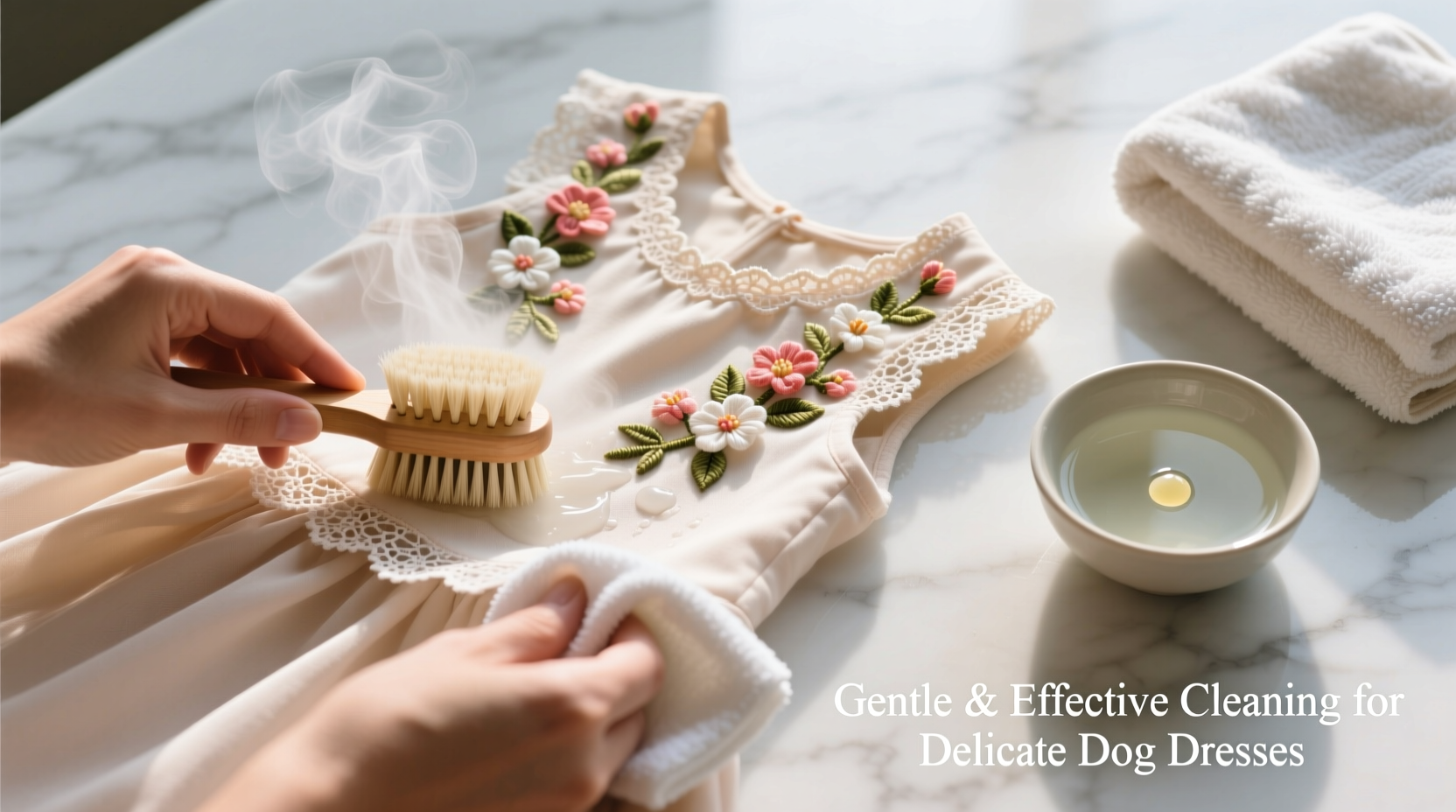 gentle and effective methods for cleaning delicate dog dresses with flower embellishments