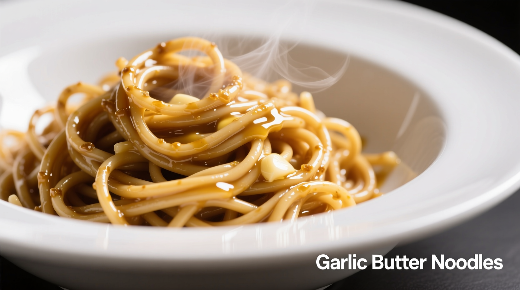 Perfectly coated garlic butter noodles in white bowl