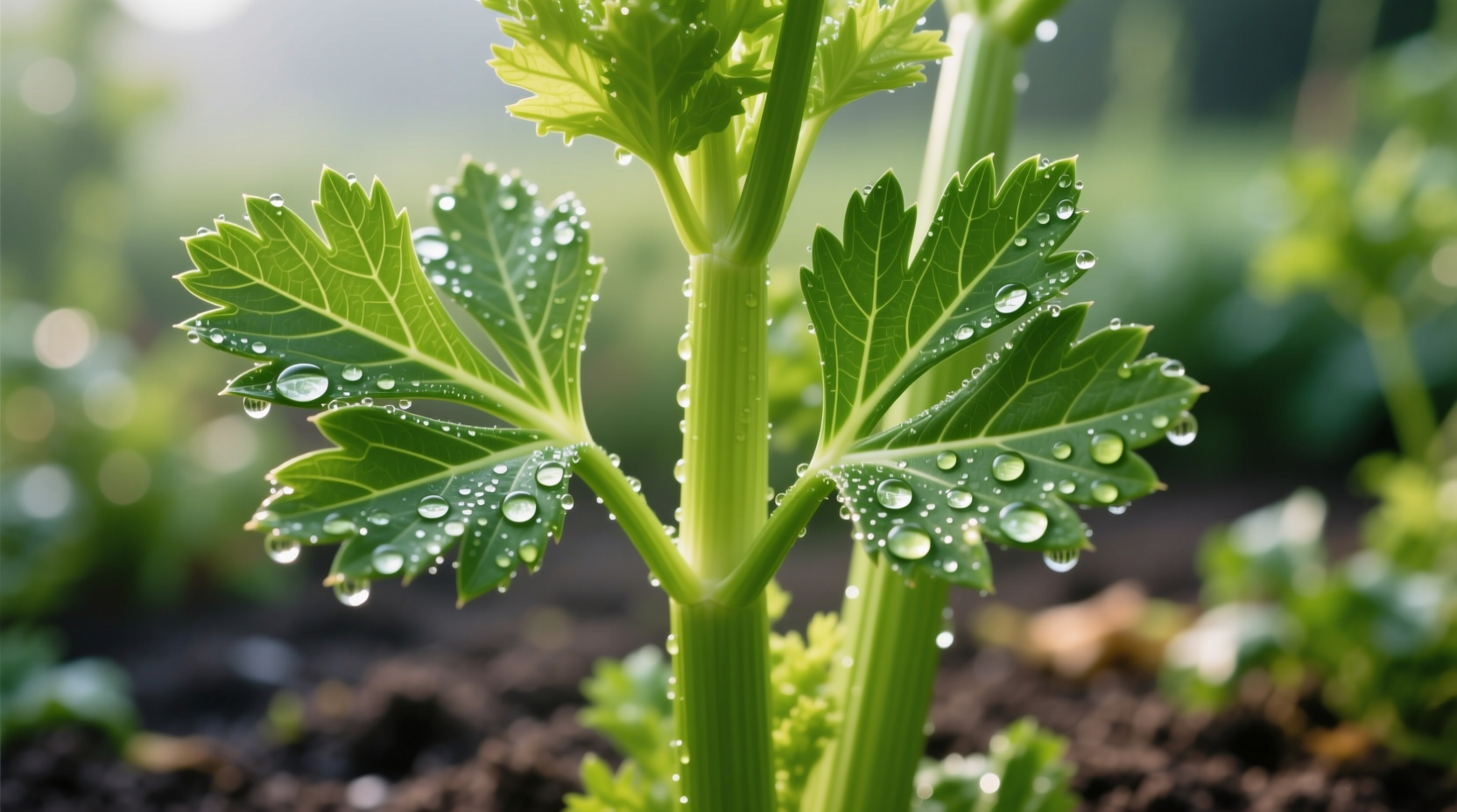 Close-up of healthy celery plant with dew on leaves
