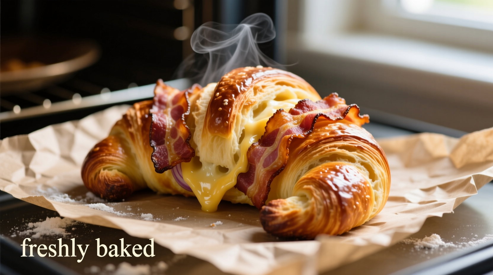 Freshly baked bacon onion pretzel croissant on parchment paper