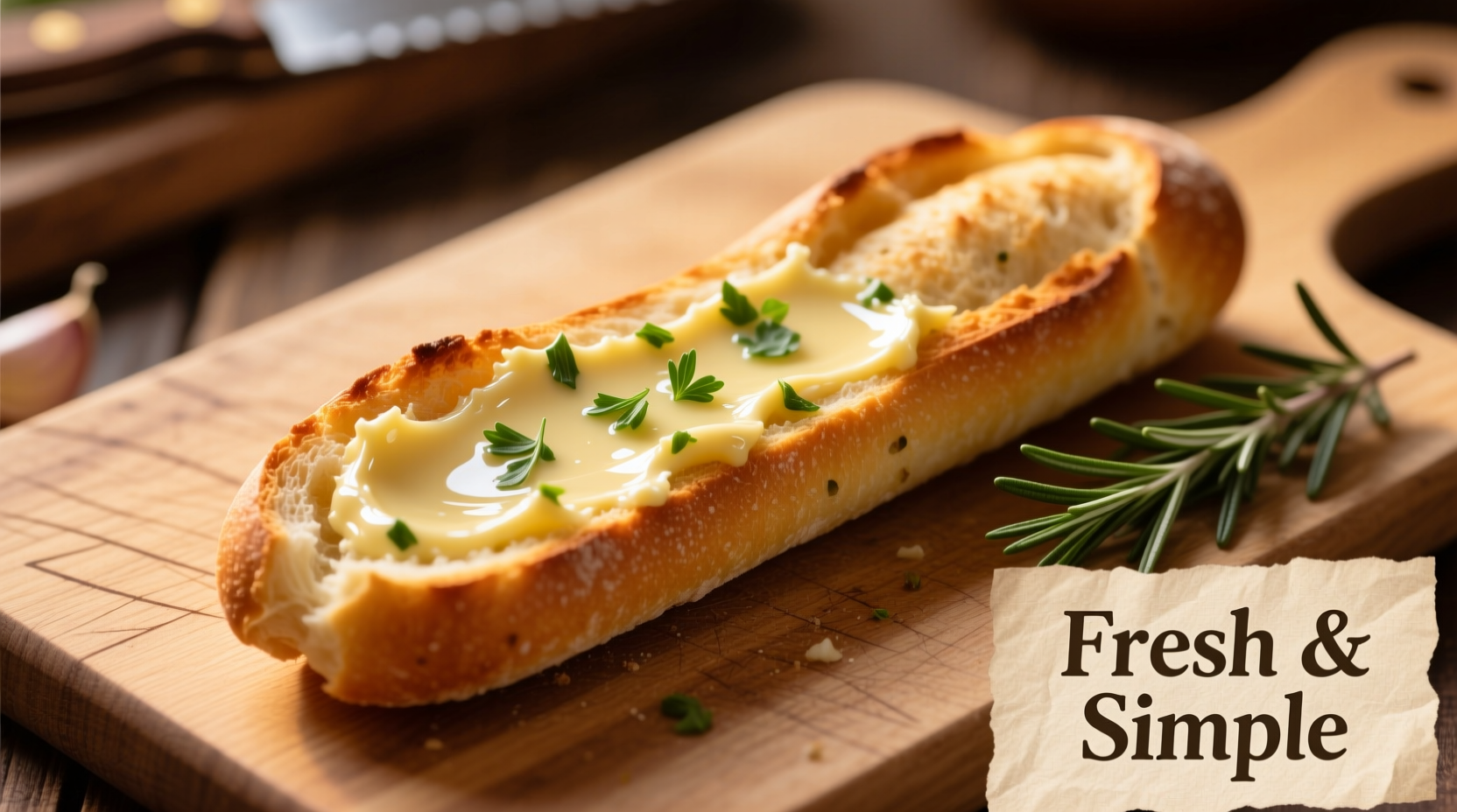 Homemade garlic butter spread on warm breadstick