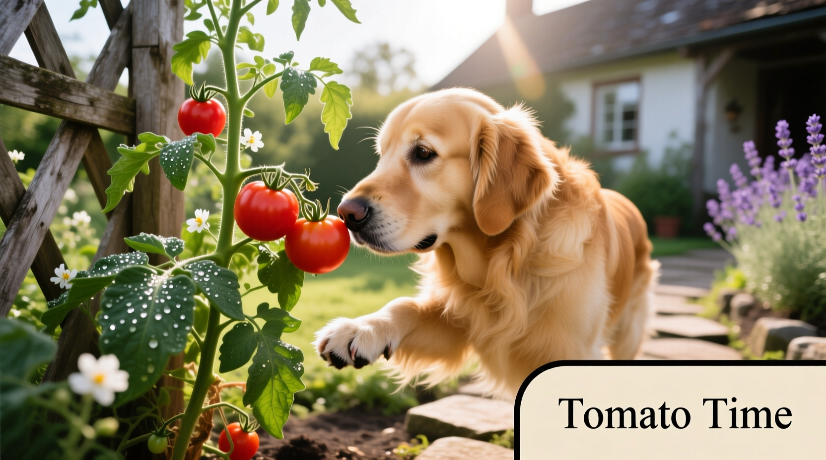 Golden retriever sniffing tomato plant in garden