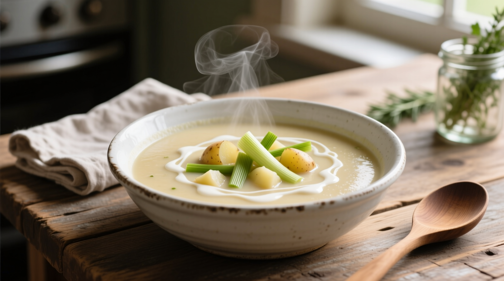 Creamy crockpot potato leek soup in white bowl