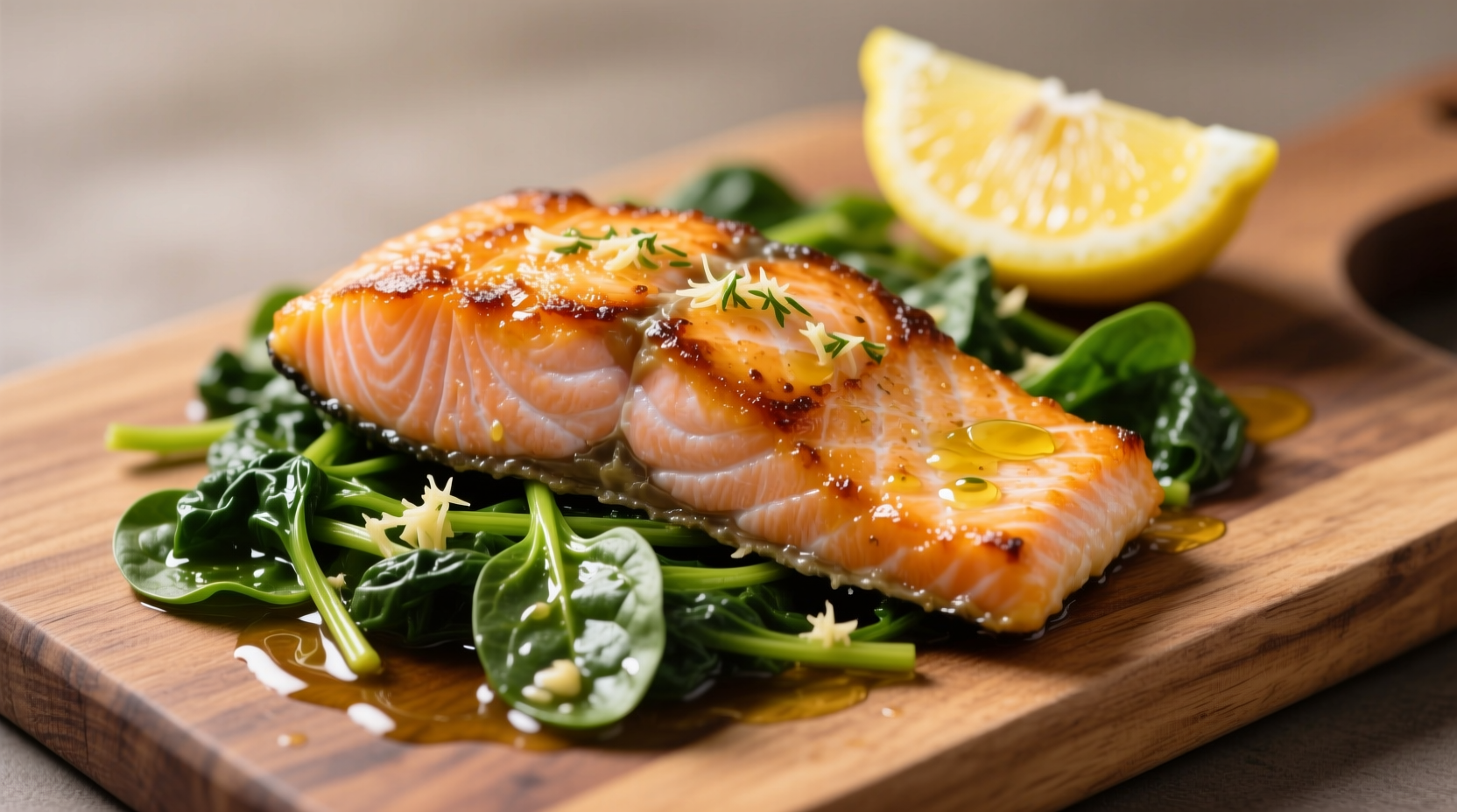 Pan-seared salmon with sautéed spinach and lemon