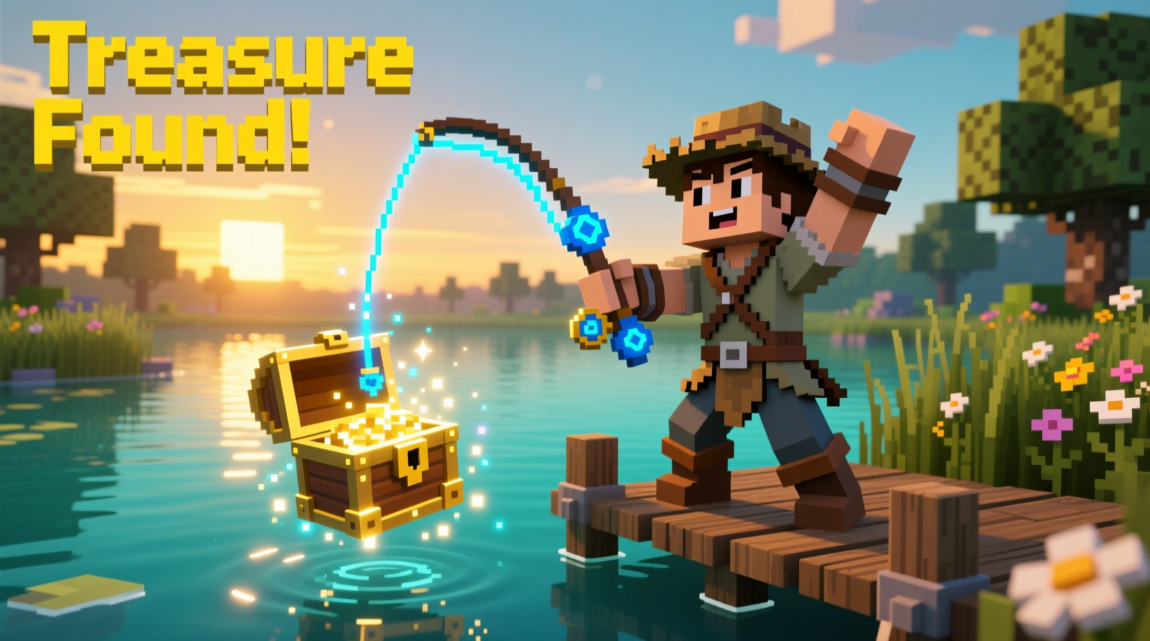 Player catching treasure with enchanted fishing rod in Minecraft