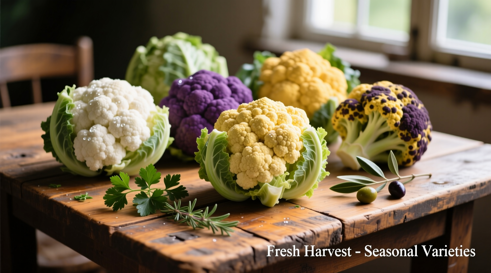 Fresh cauliflower varieties on wooden table