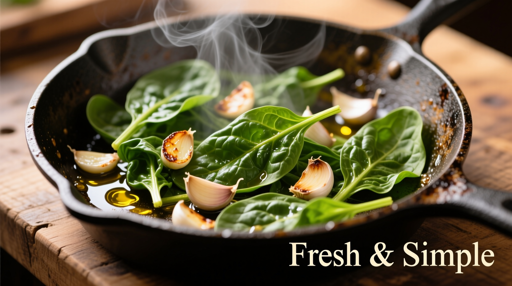 Fresh spinach wilting in a skillet with garlic