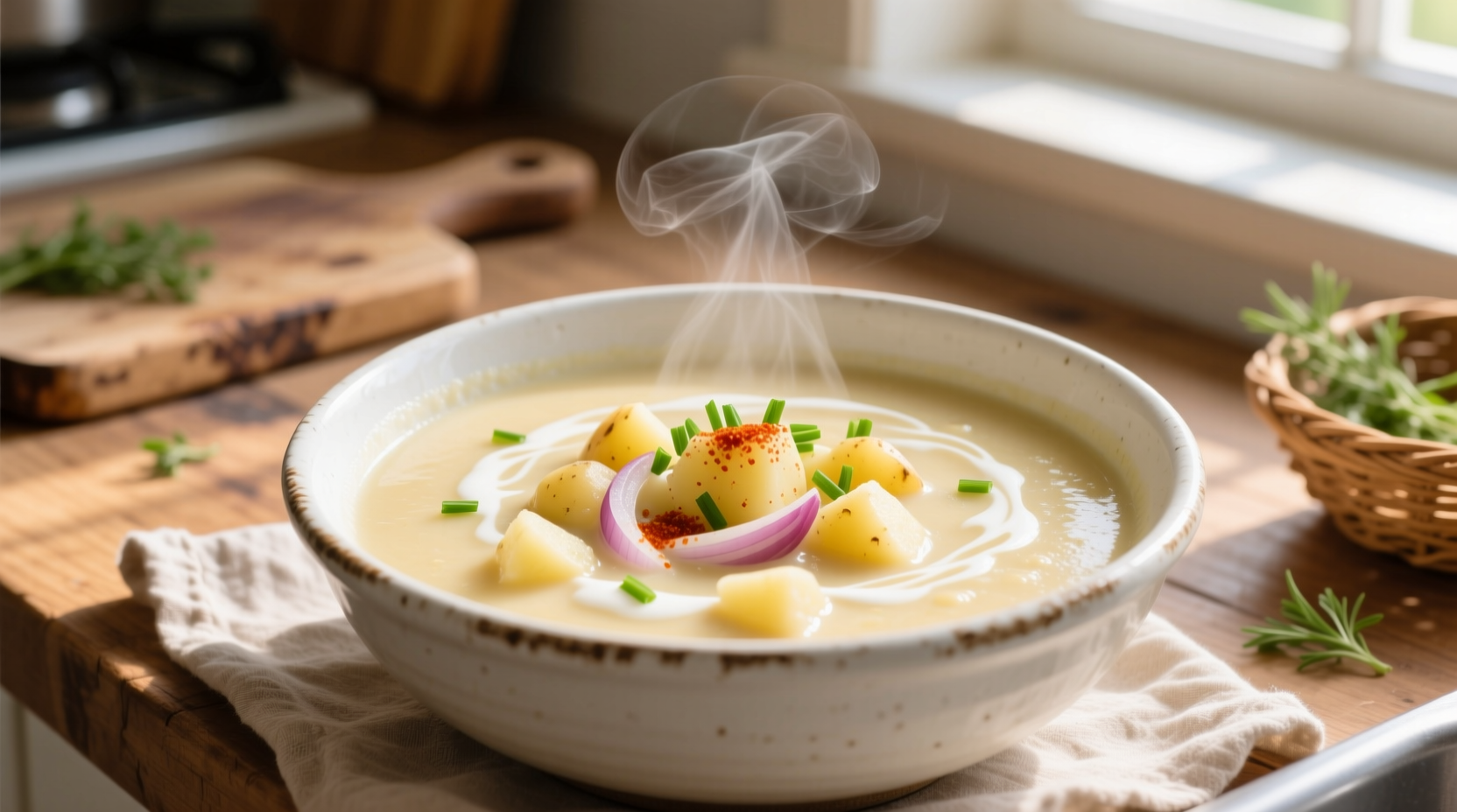 Creamy homemade potato chowder soup in white bowl
