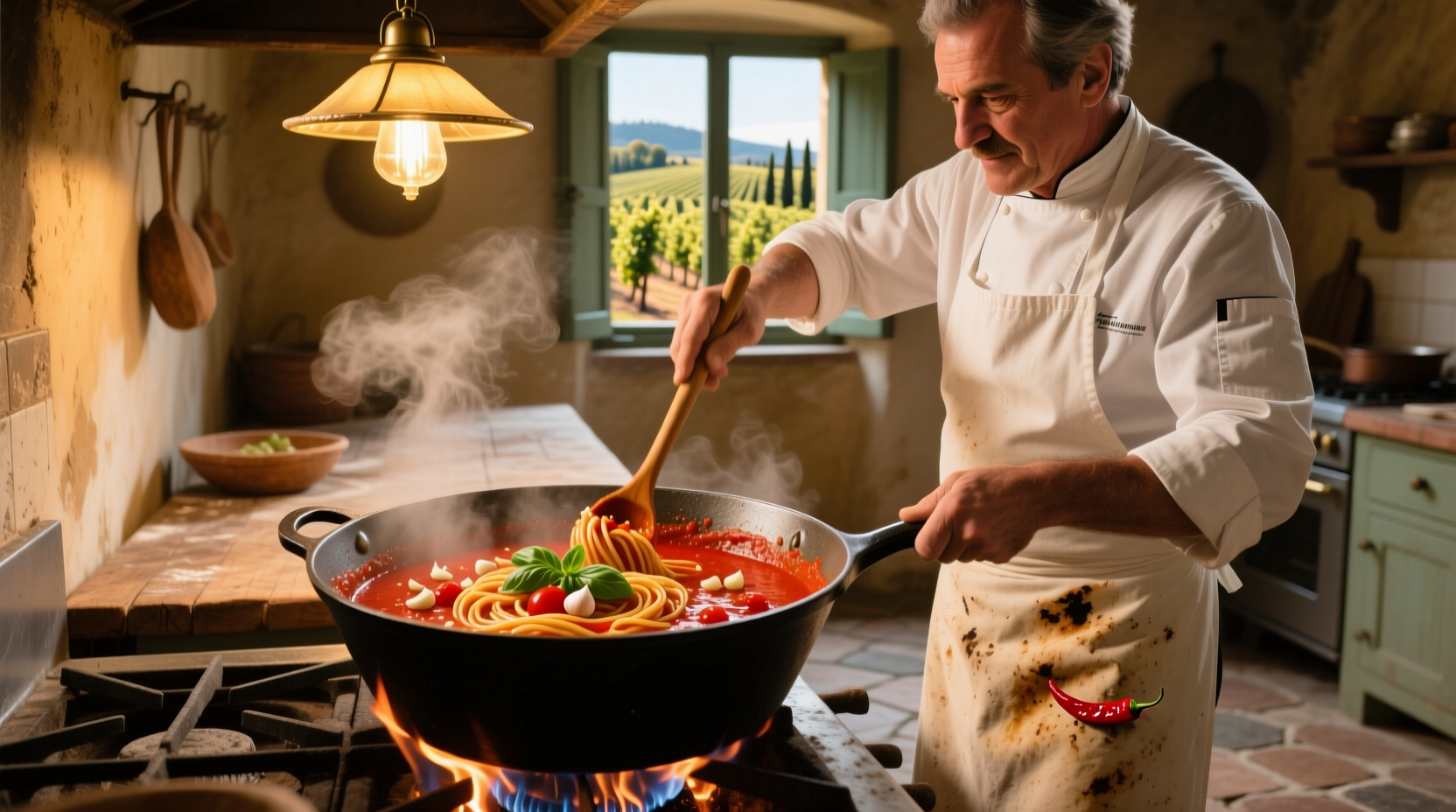 Chef stirring rich red spaghetti sauce in cast iron pot