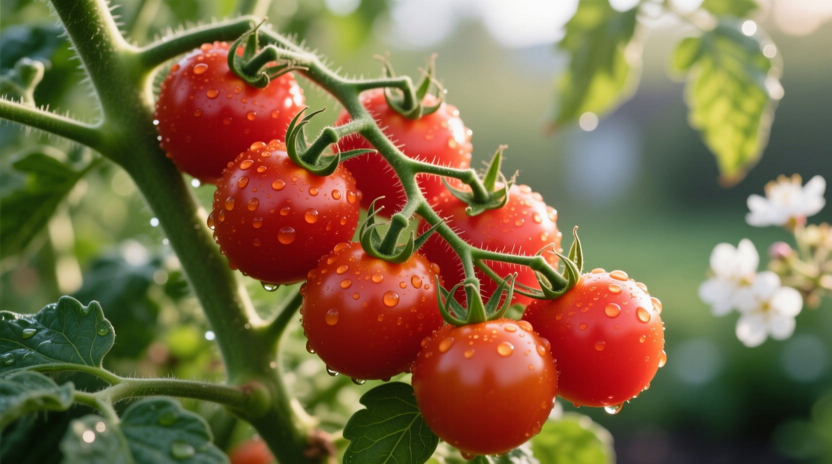 Close-up of vibrant red atomic grape tomatoes on vine