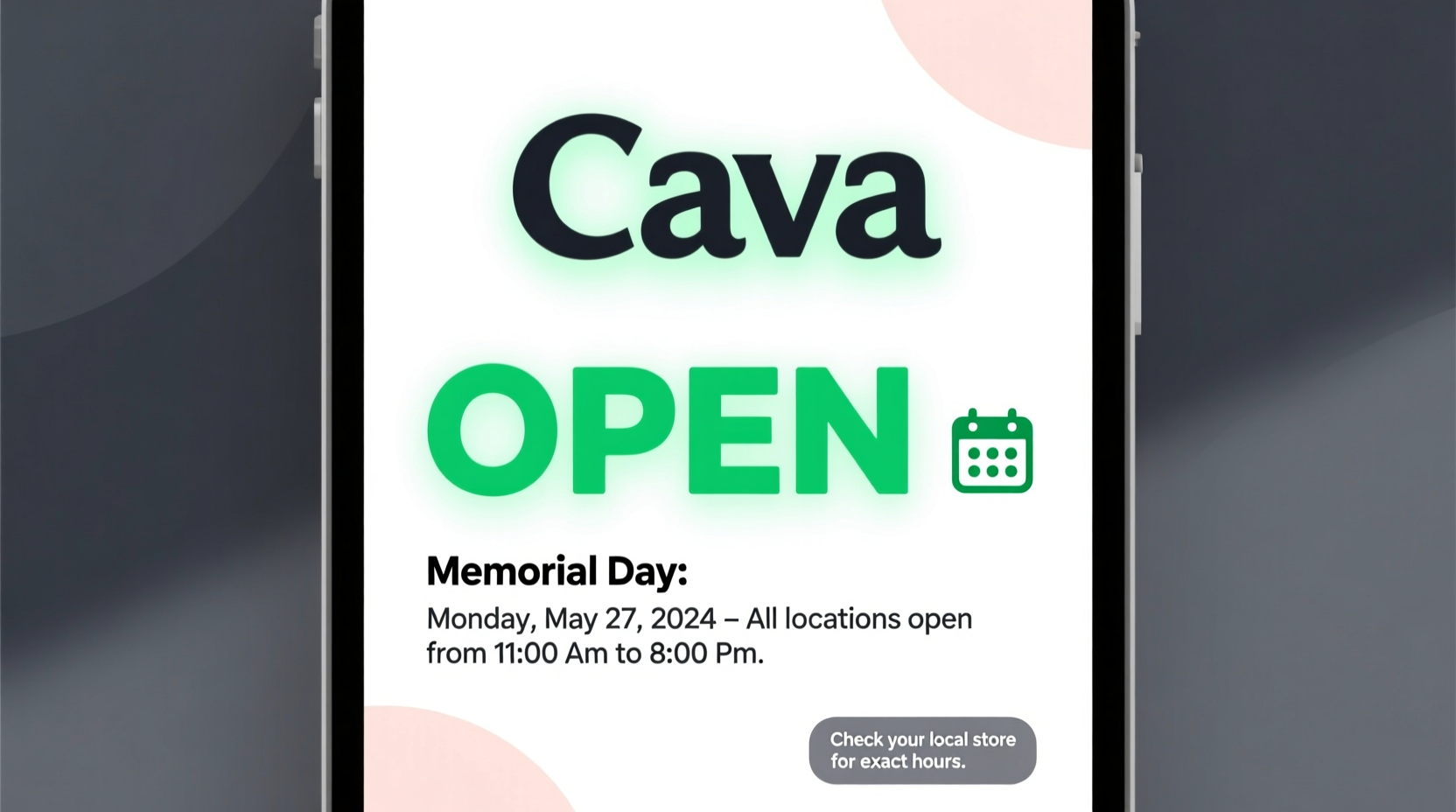is cava open on memorial day