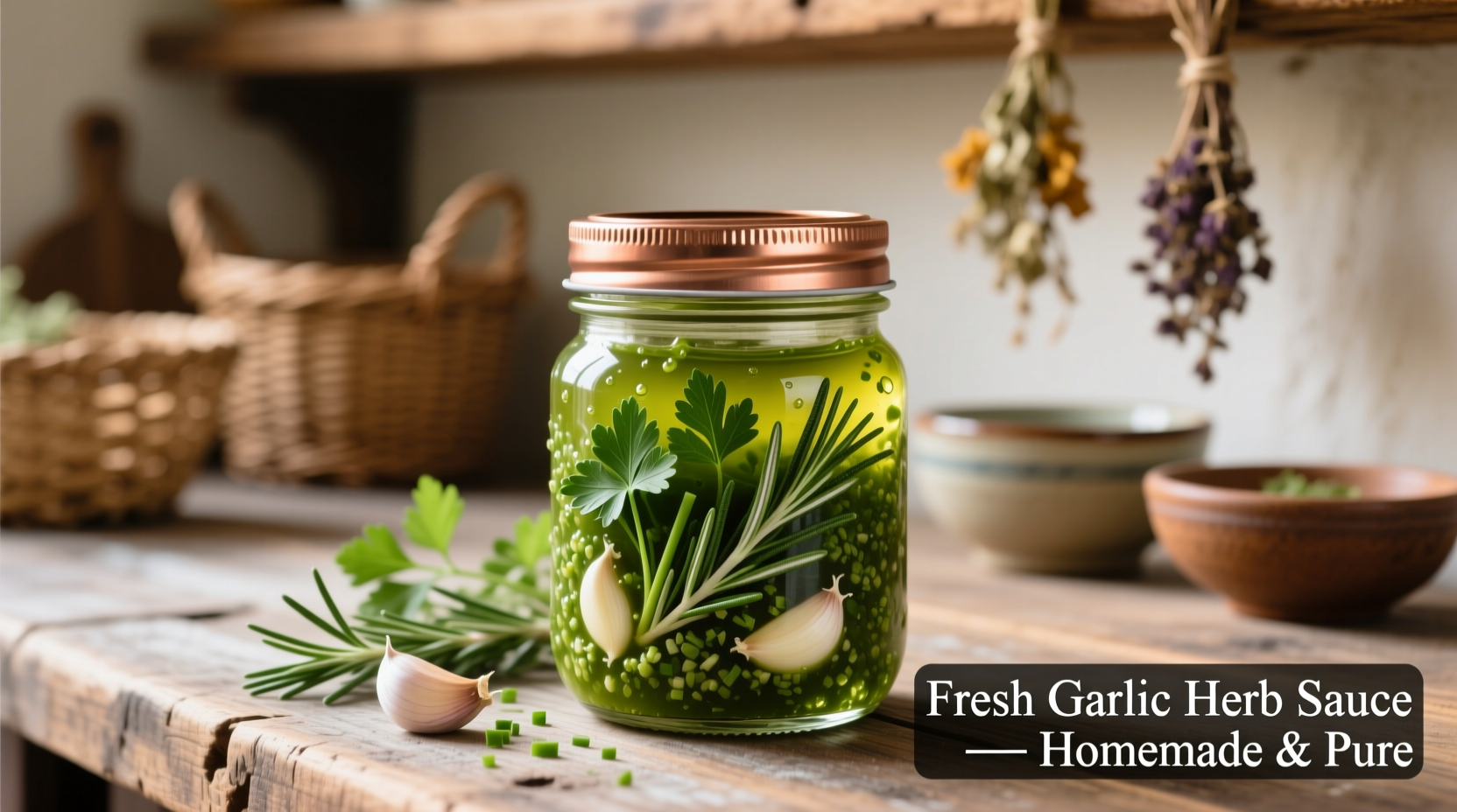 Fresh garlic herb sauce in mason jar with sprigs