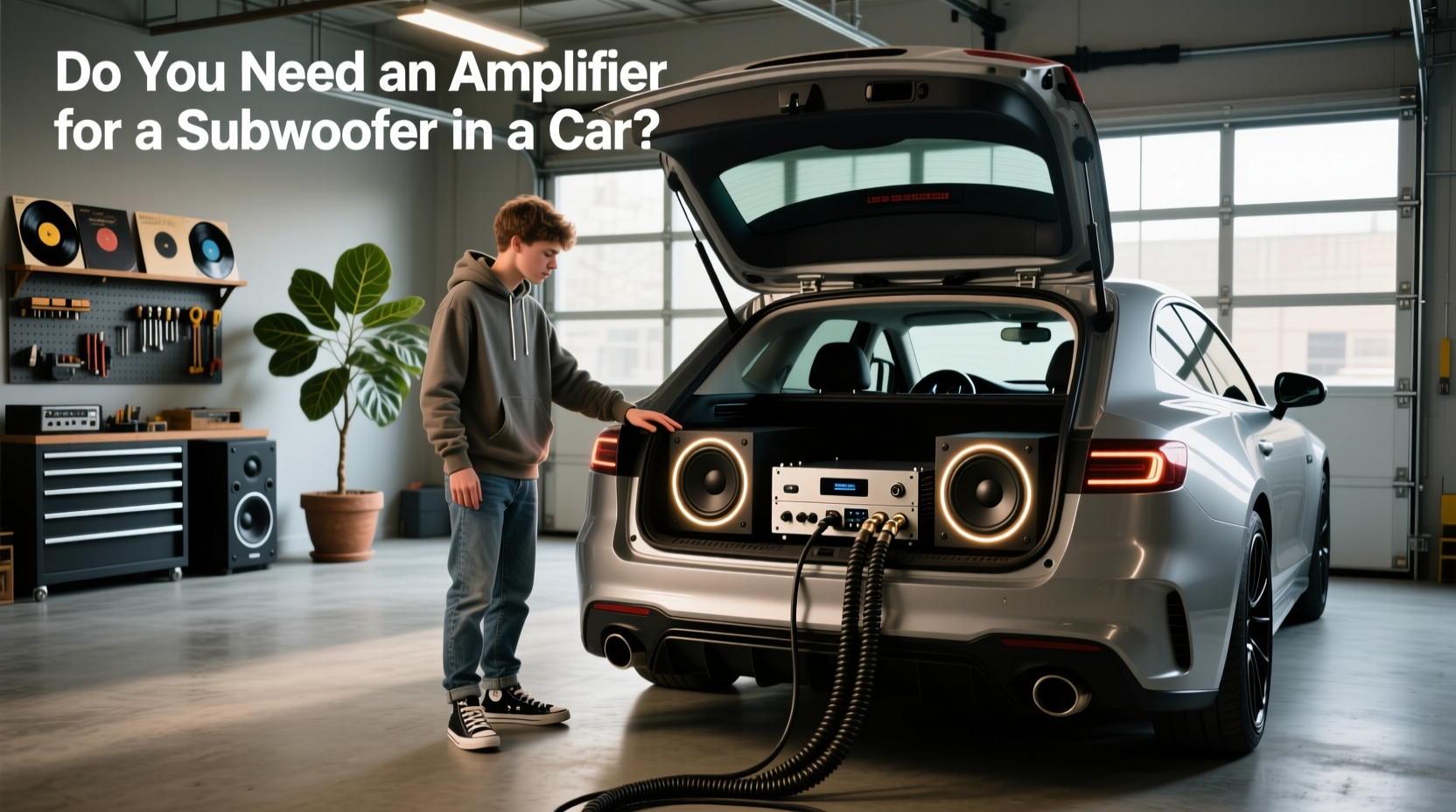 Amplified subwoofer installed in car trunk with wiring visible
