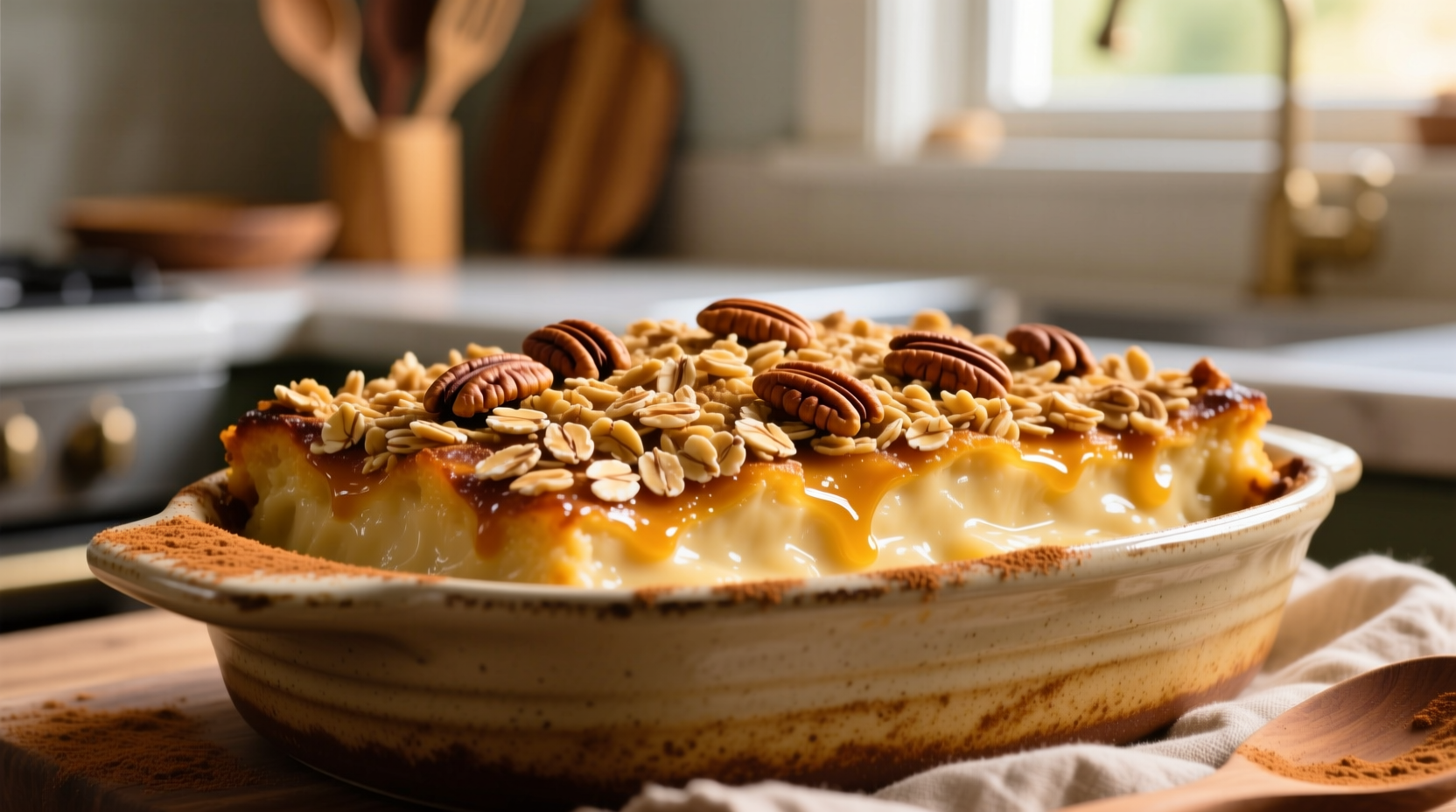Golden sweet potato casserole with pecan oat topping