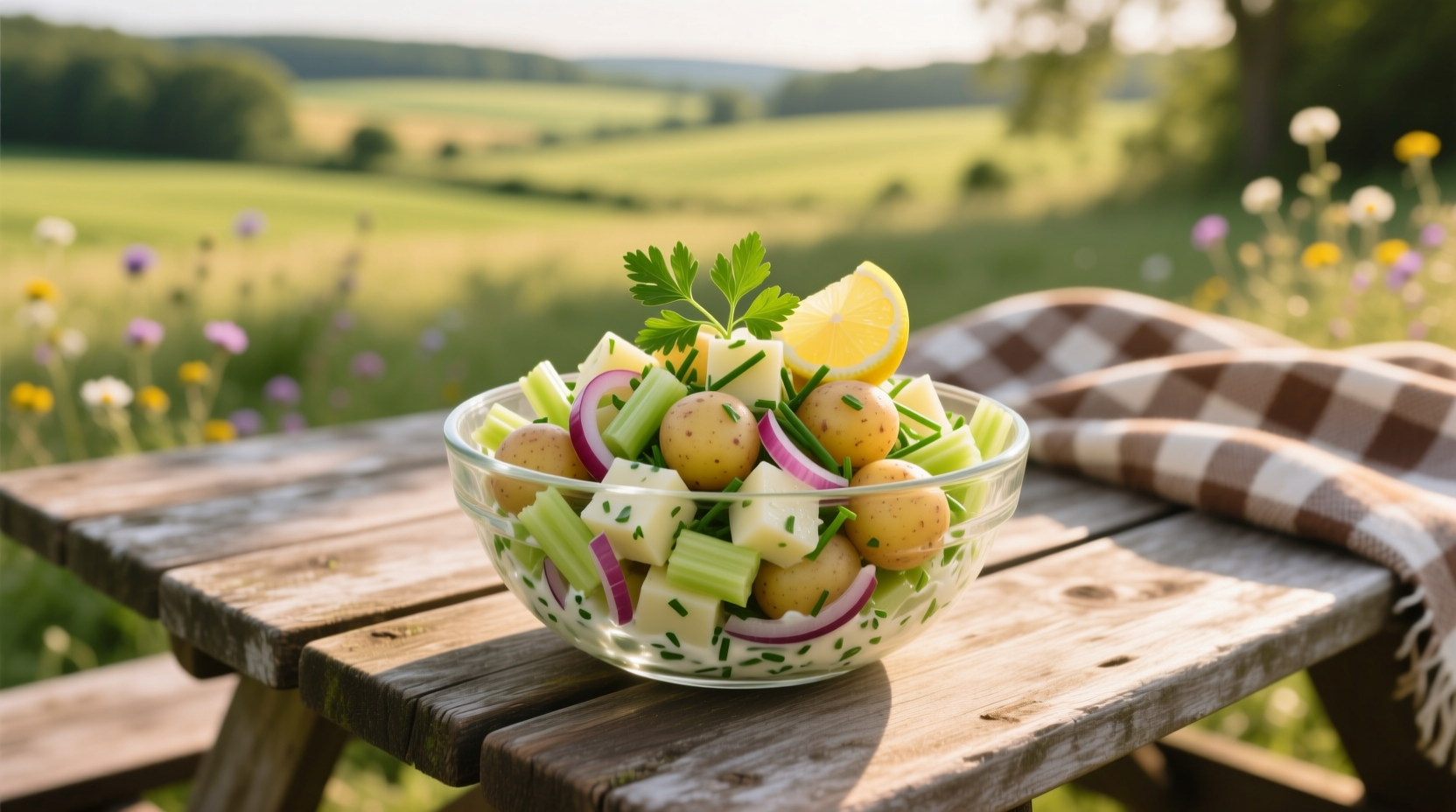 Fresh potato salad in glass bowl on picnic table