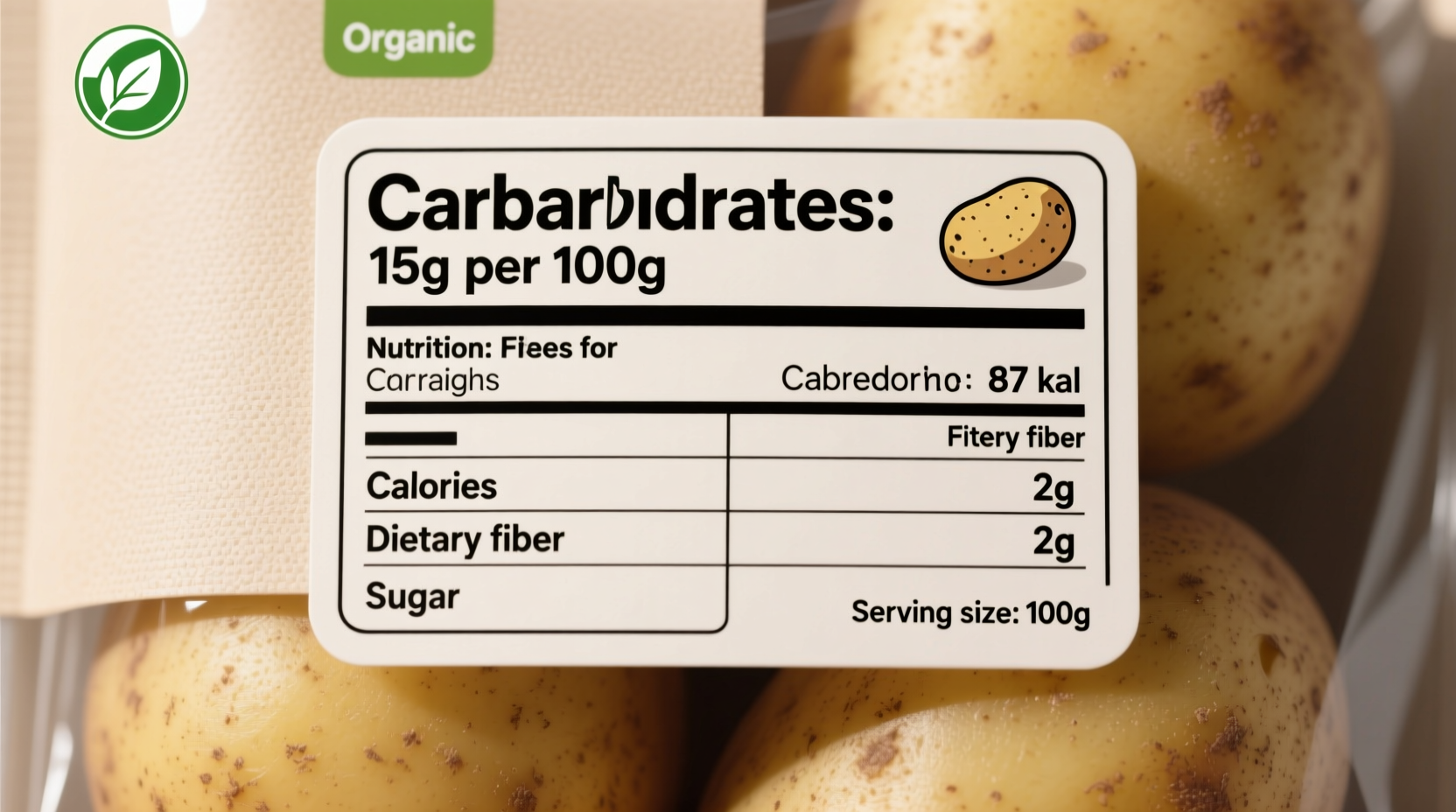 Nutrition label showing carbohydrate content in potatoes