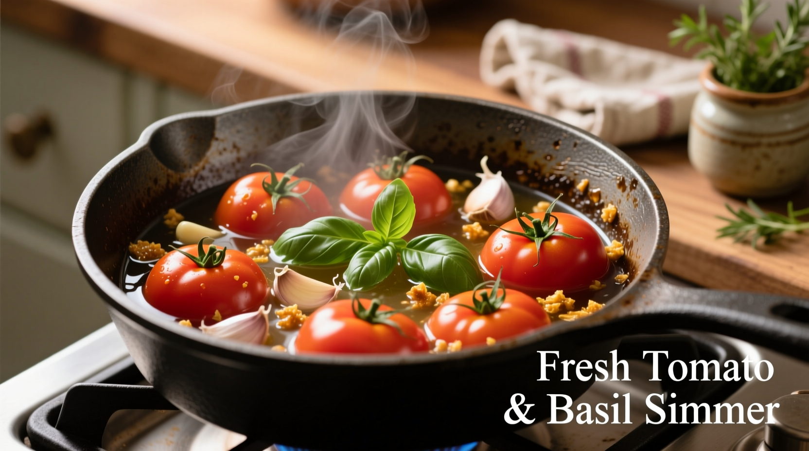 Fresh tomatoes simmering in a pot with garlic and basil