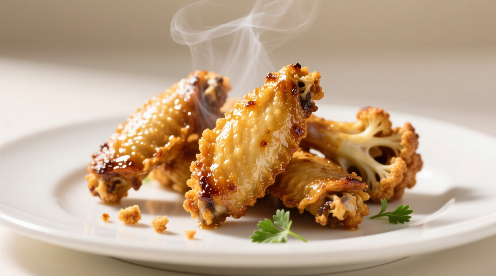 Golden crispy cauliflower chicken wings on white plate