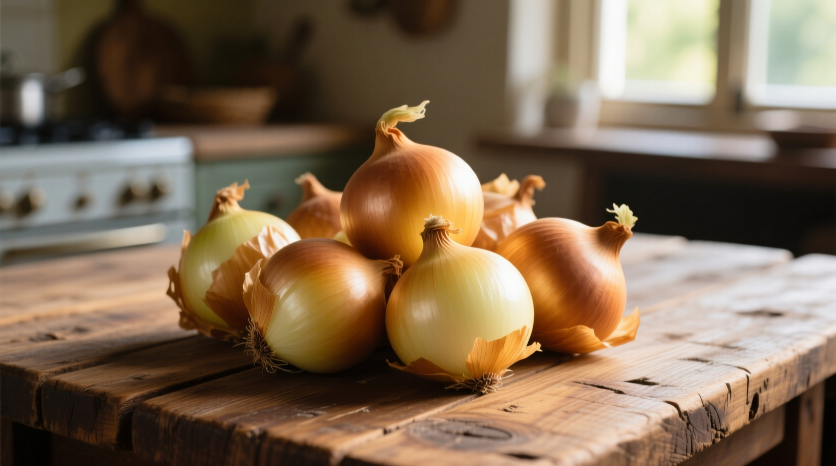 Fresh yellow onions with papery skin on wooden table