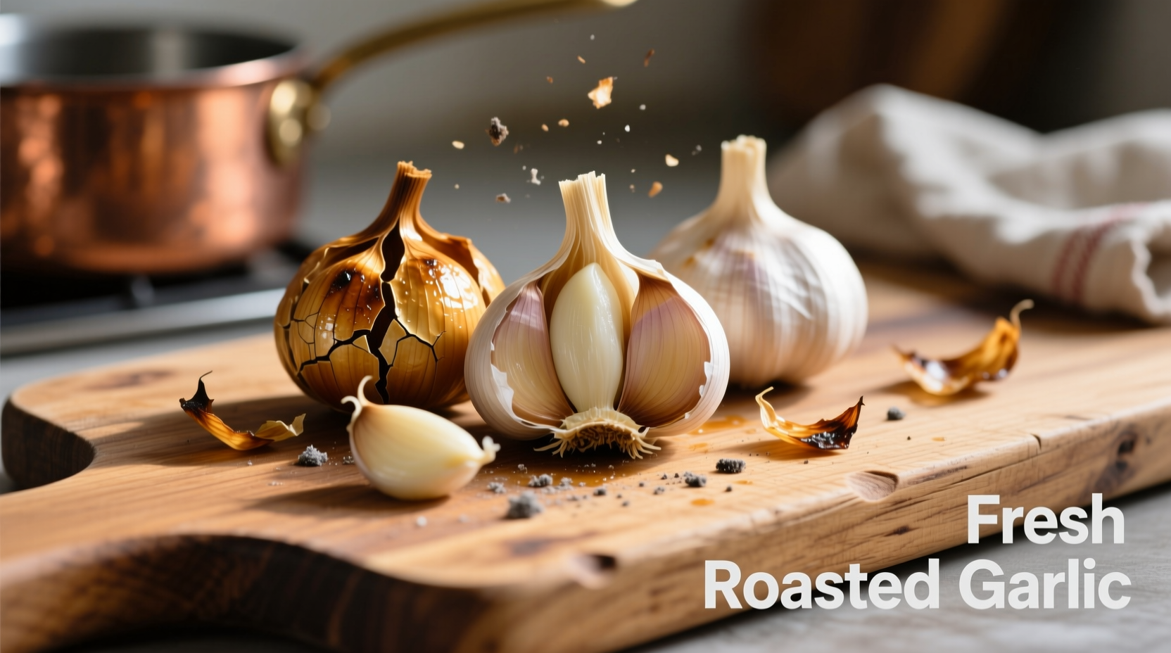 Fresh roasted garlic cloves on wooden cutting board