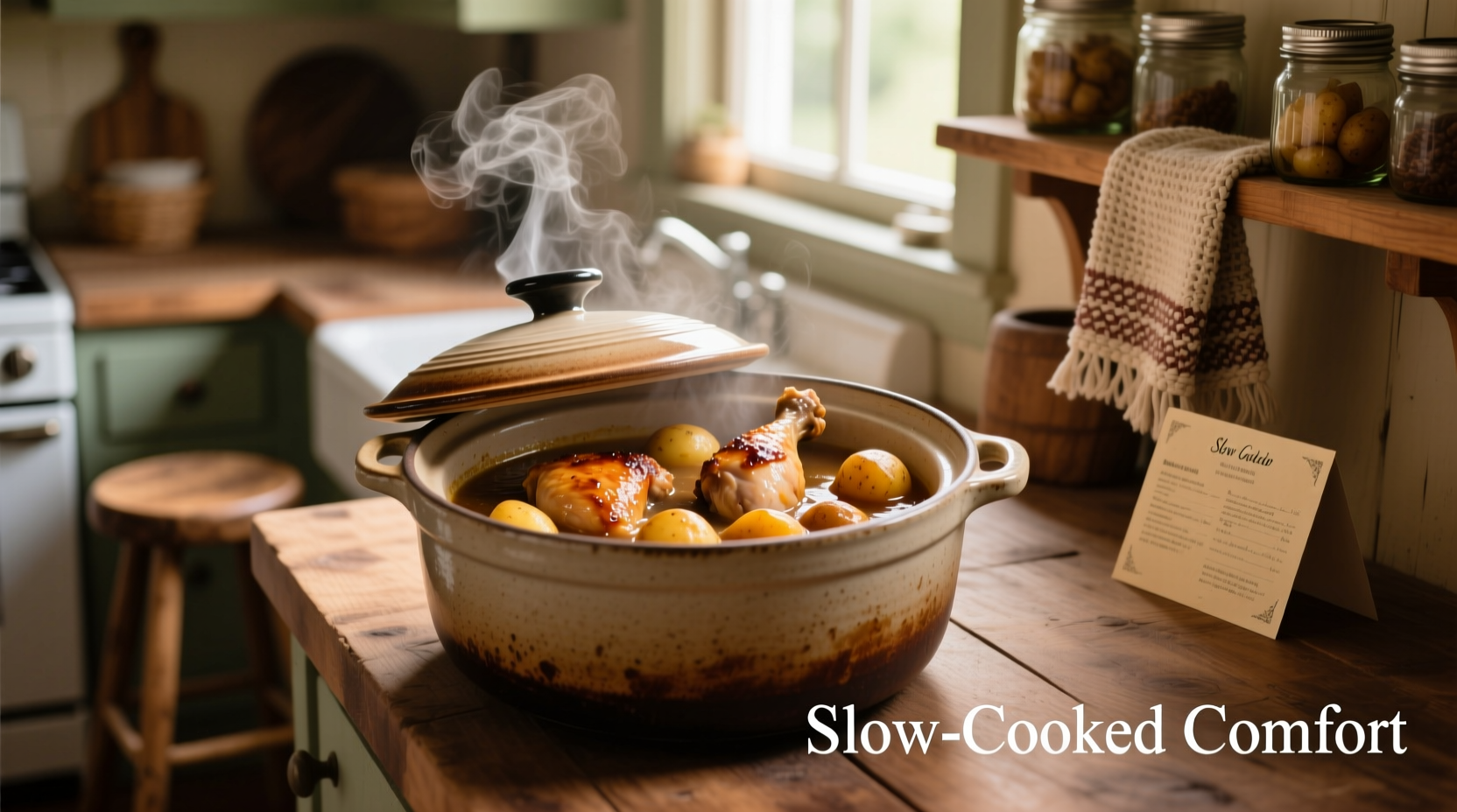 Chicken and potatoes cooking in crock pot