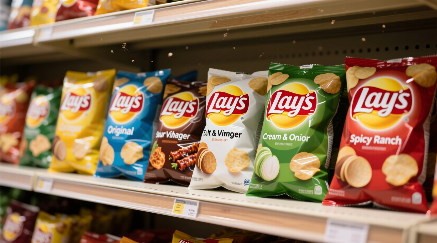 Assorted Lays potato chip varieties on grocery shelf