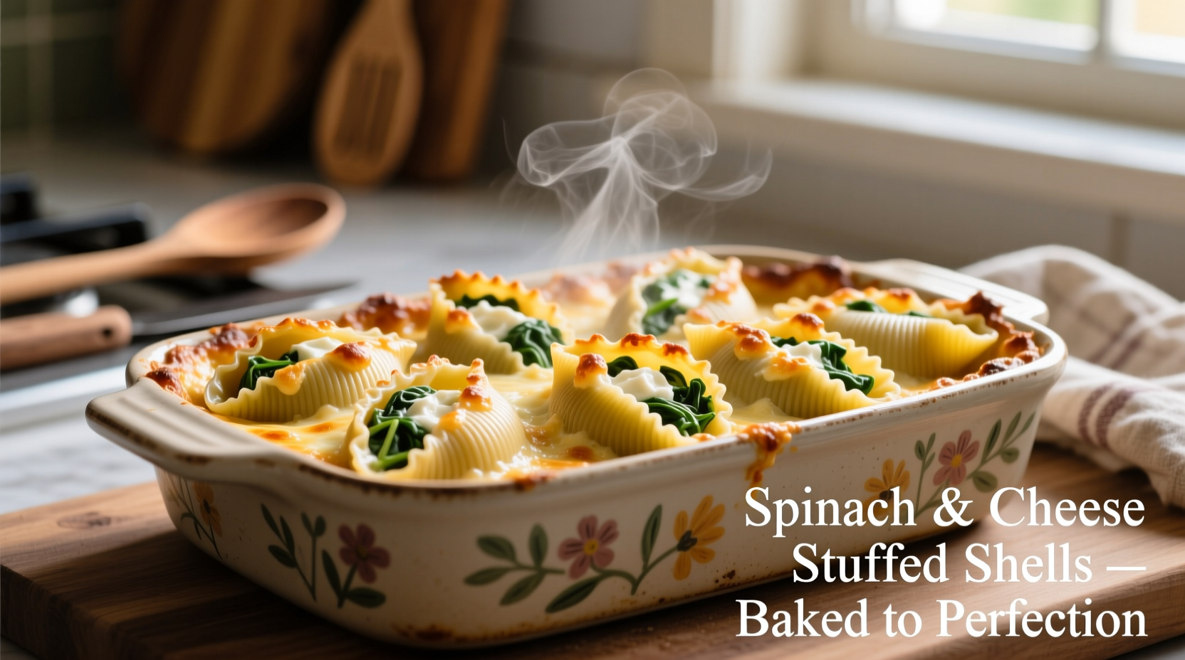 Baked stuffed shells with spinach in ceramic dish