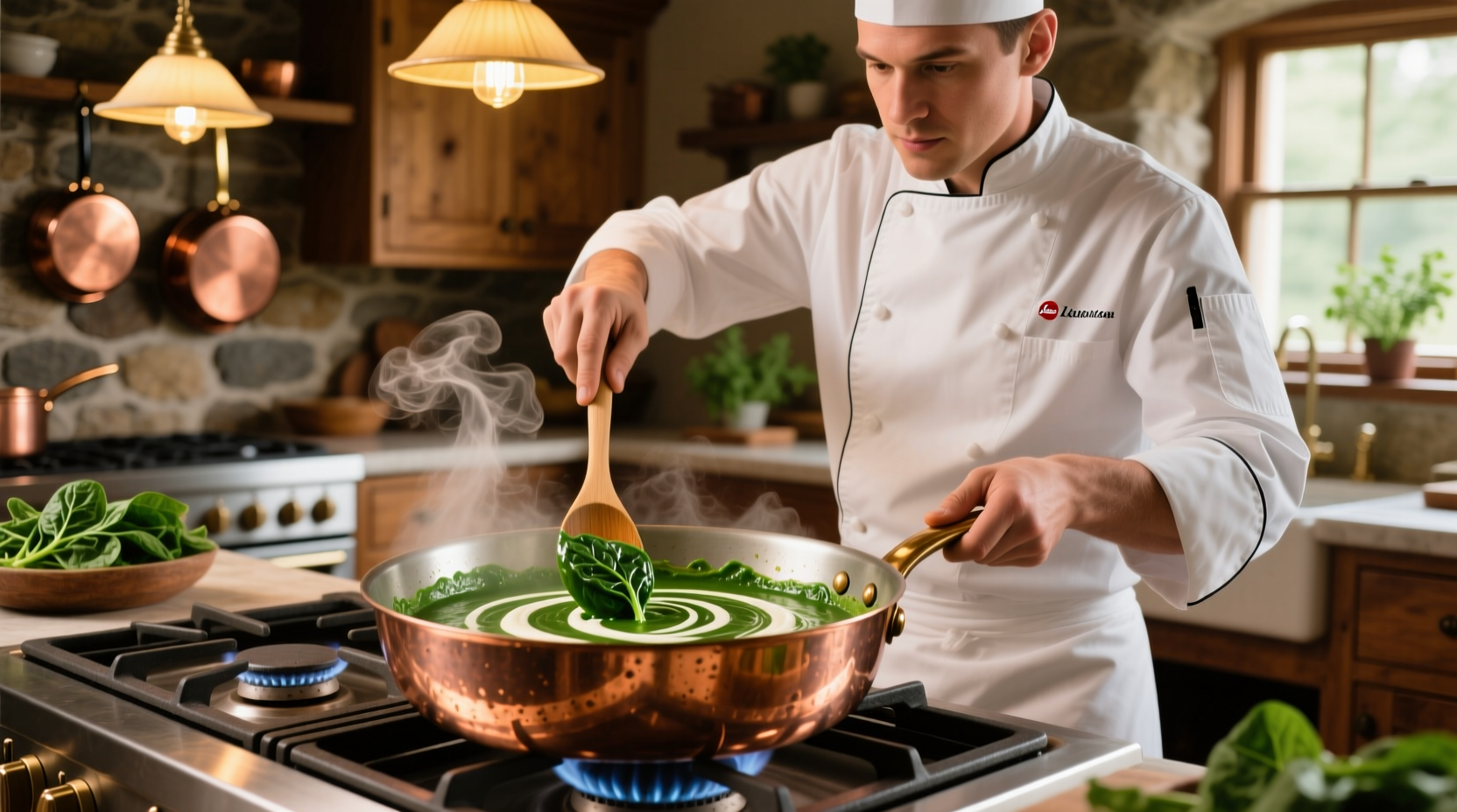 Professional chef preparing creamed spinach in copper pan