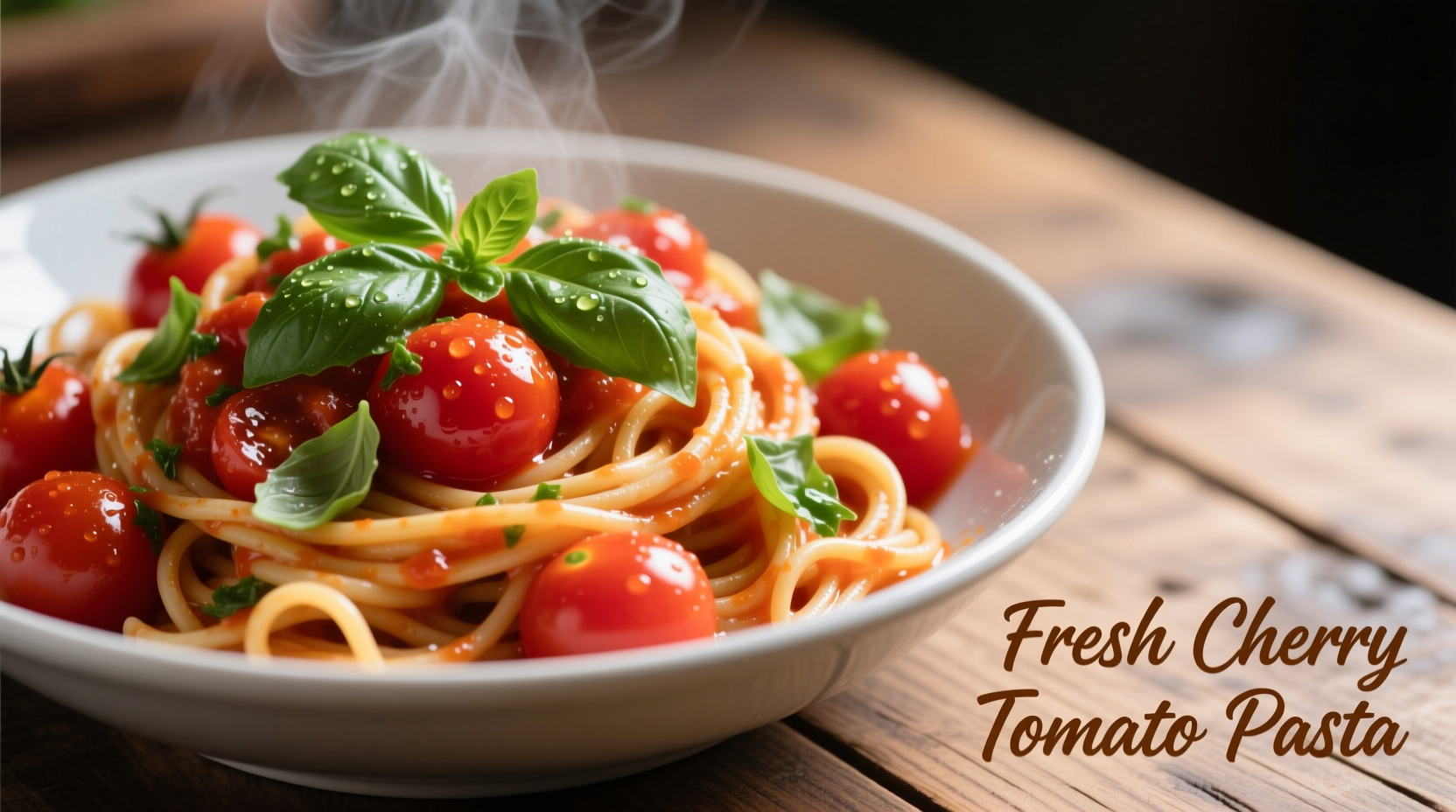 Fresh cherry tomato pasta with basil garnish