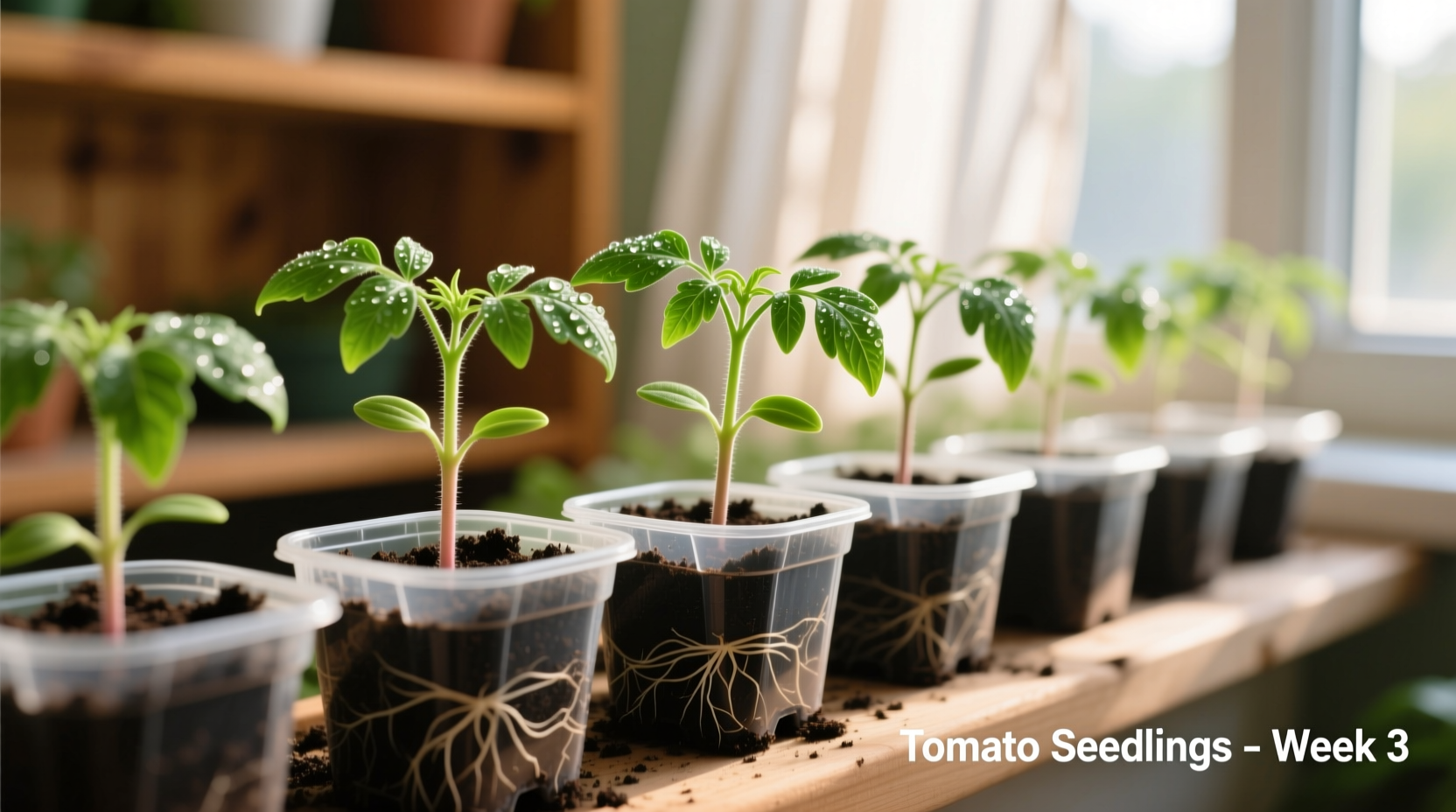Tomato seedlings growing in starter pots