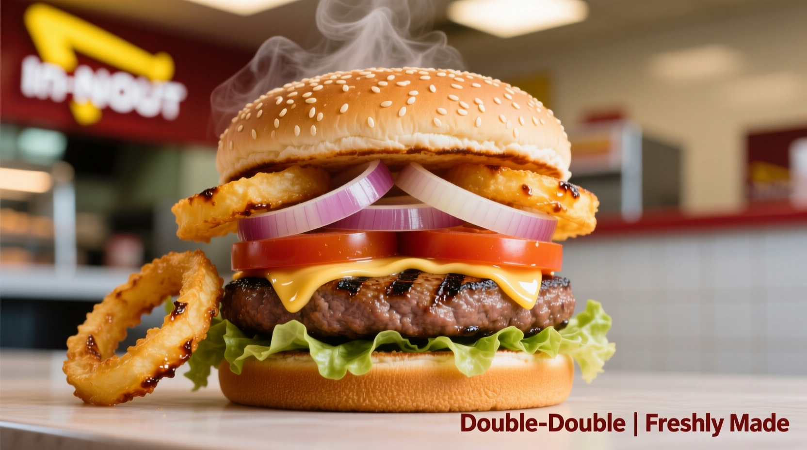 Freshly prepared In-N-Out Double-Double with onion